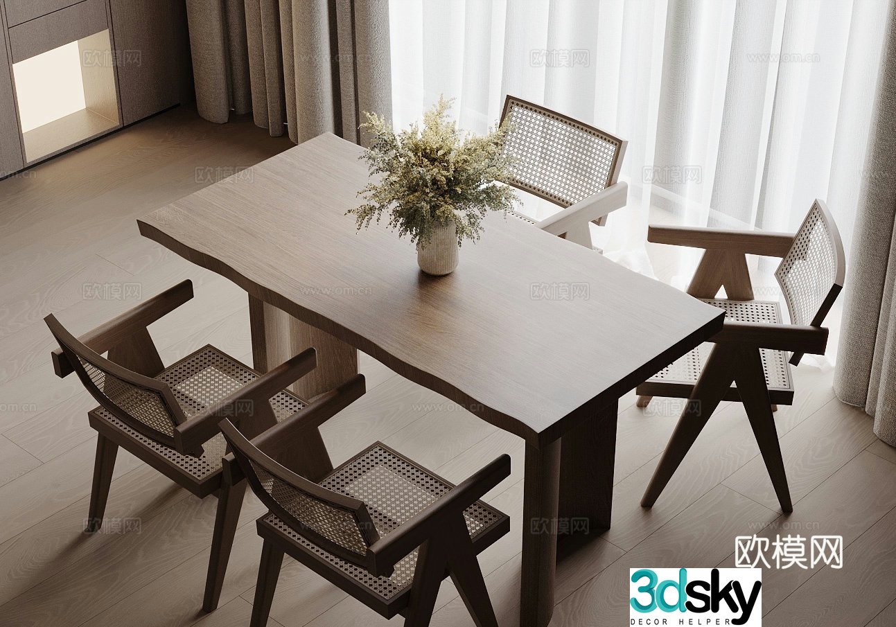 Wabi-sabi dining table and chairs 3d model
