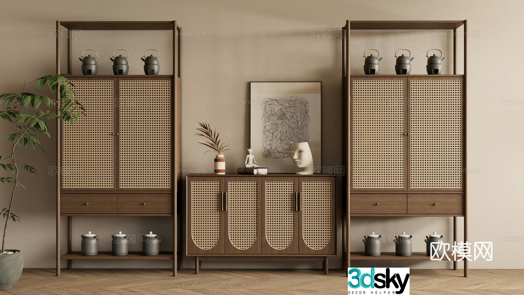 New Chinese style Zen archaeological shelf entrance cabinet rattan cabinet 3D model