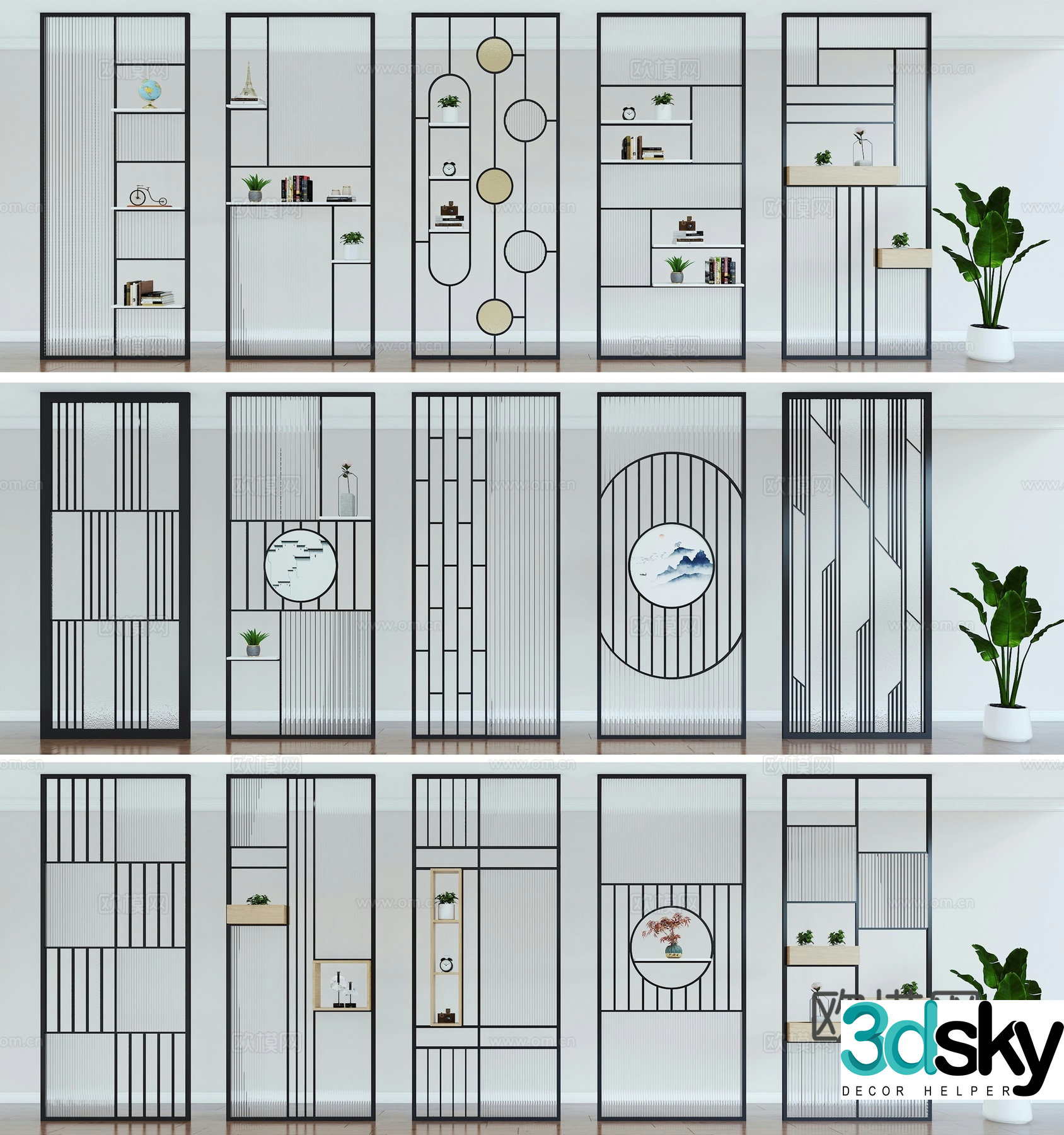 New Chinese style partition Changhong glass partition Iron partition 3D model