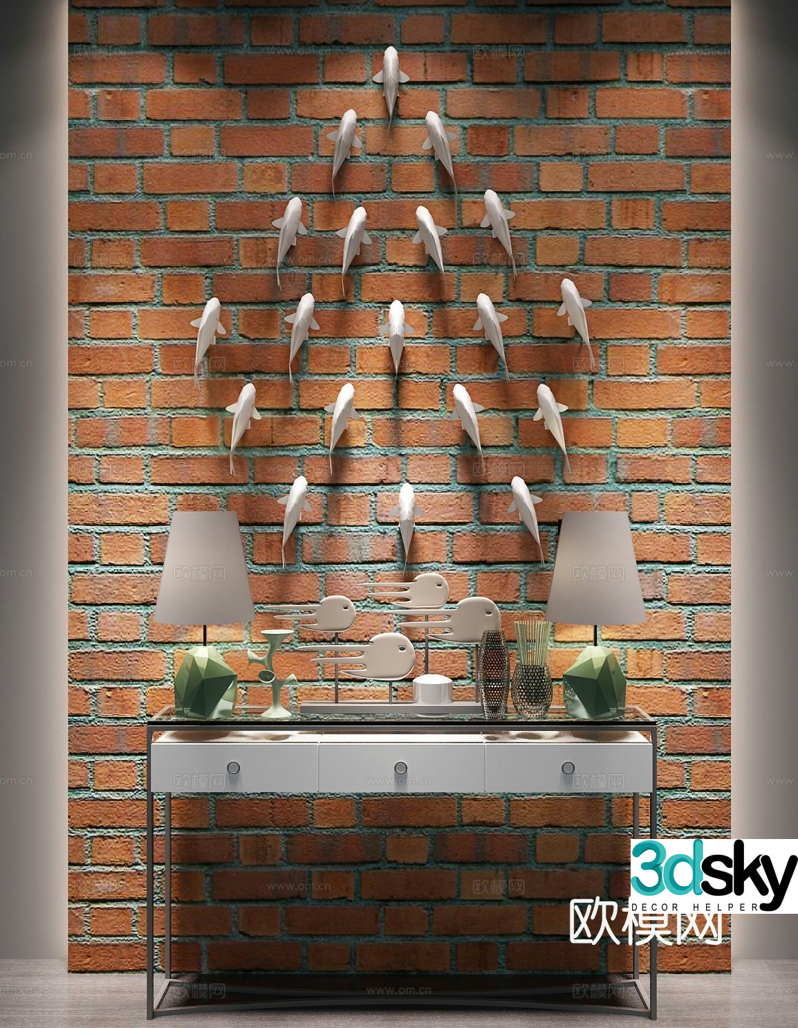 Industrial style fish hanging decoration red brick background wall end view platform 3d model