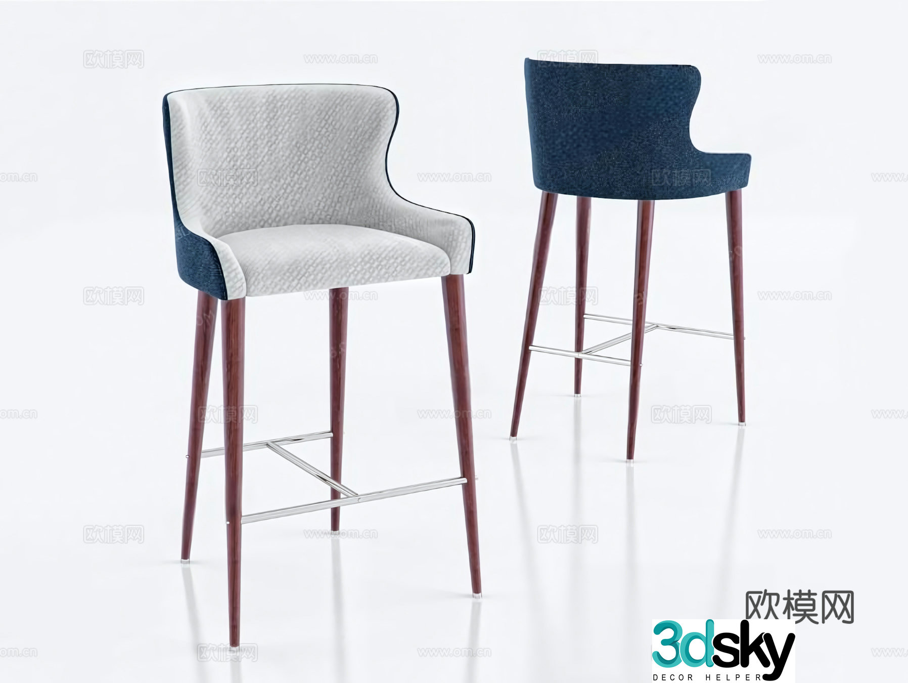 Simple European bar chair velvet bar chair bar stool 3D model