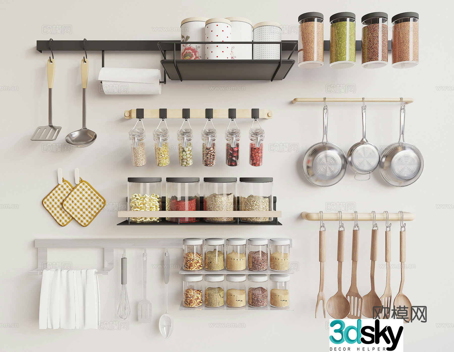 Modern kitchen supplies cooking bottles pots and pans 3D model