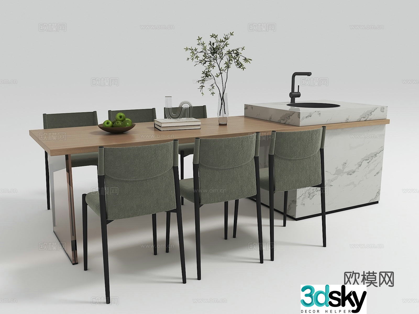 Island dining table and chairs solid wood dining table 3d model