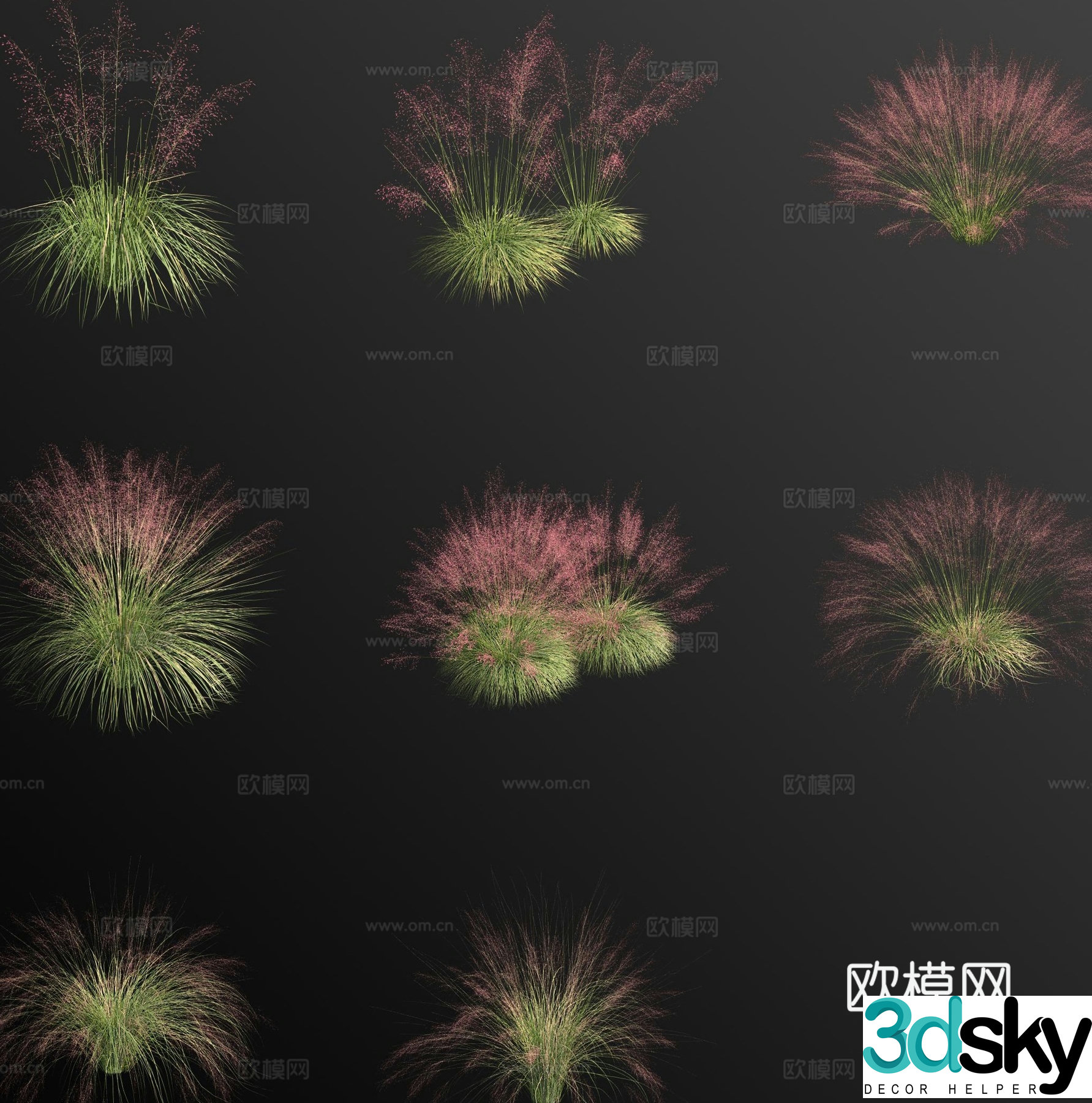 3D model of pink grass flowers and weeds