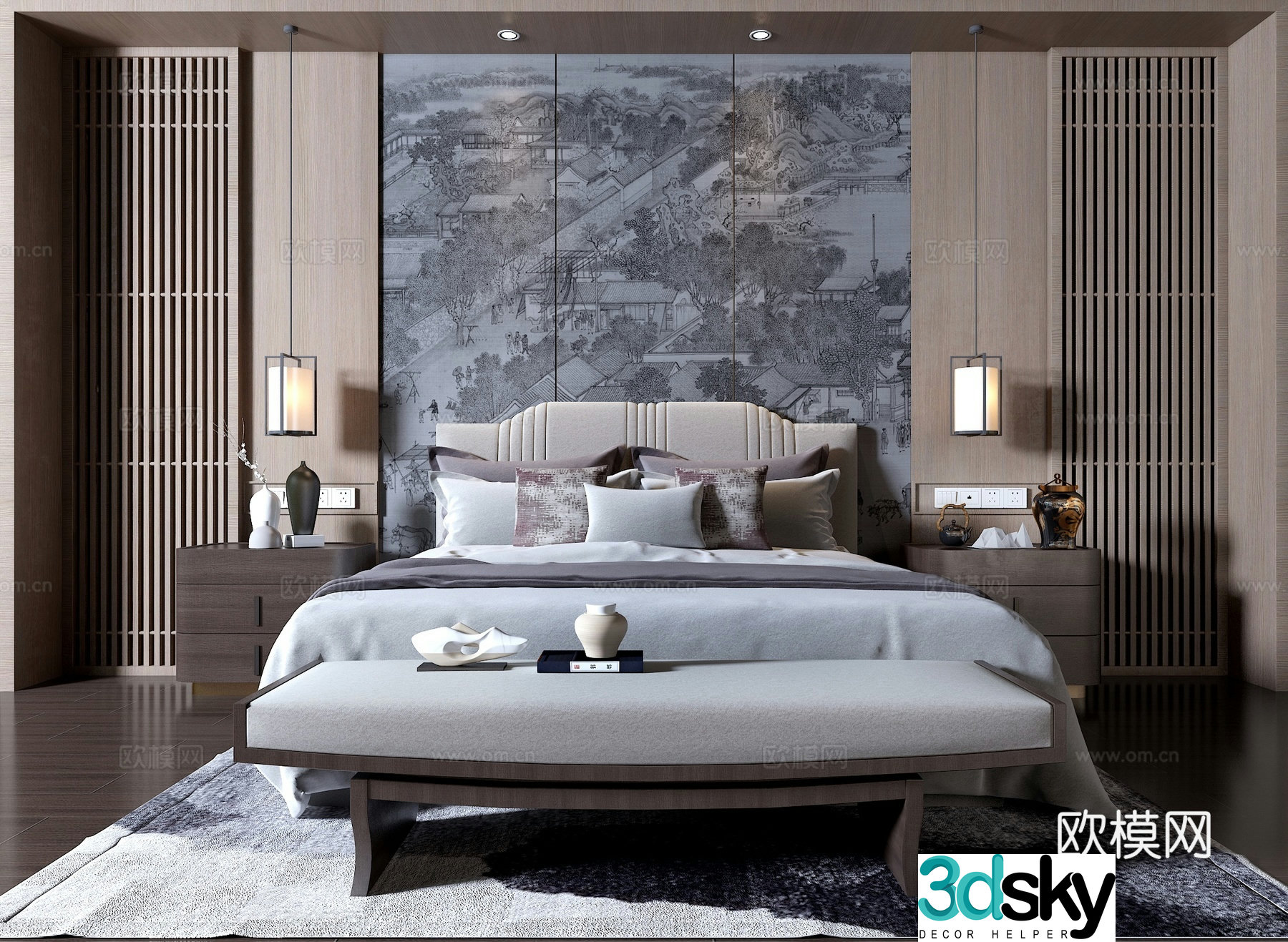 New Chinese style double bed 3d model