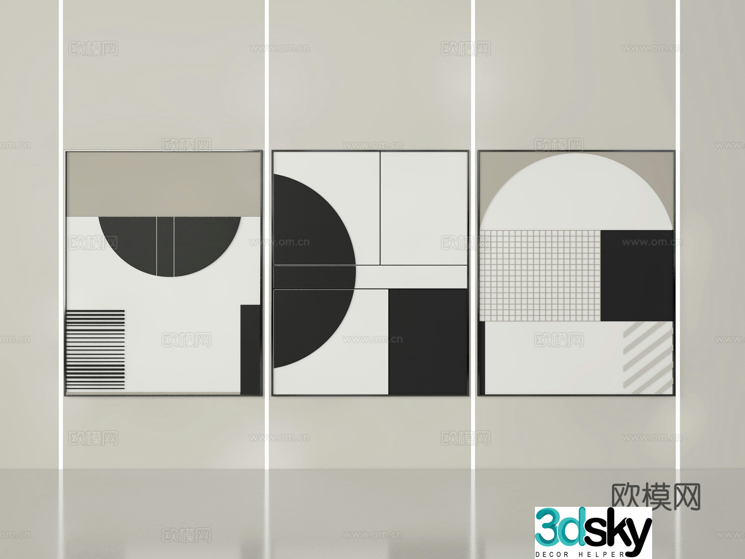 Modern black and white hanging painting combination painting 3D model