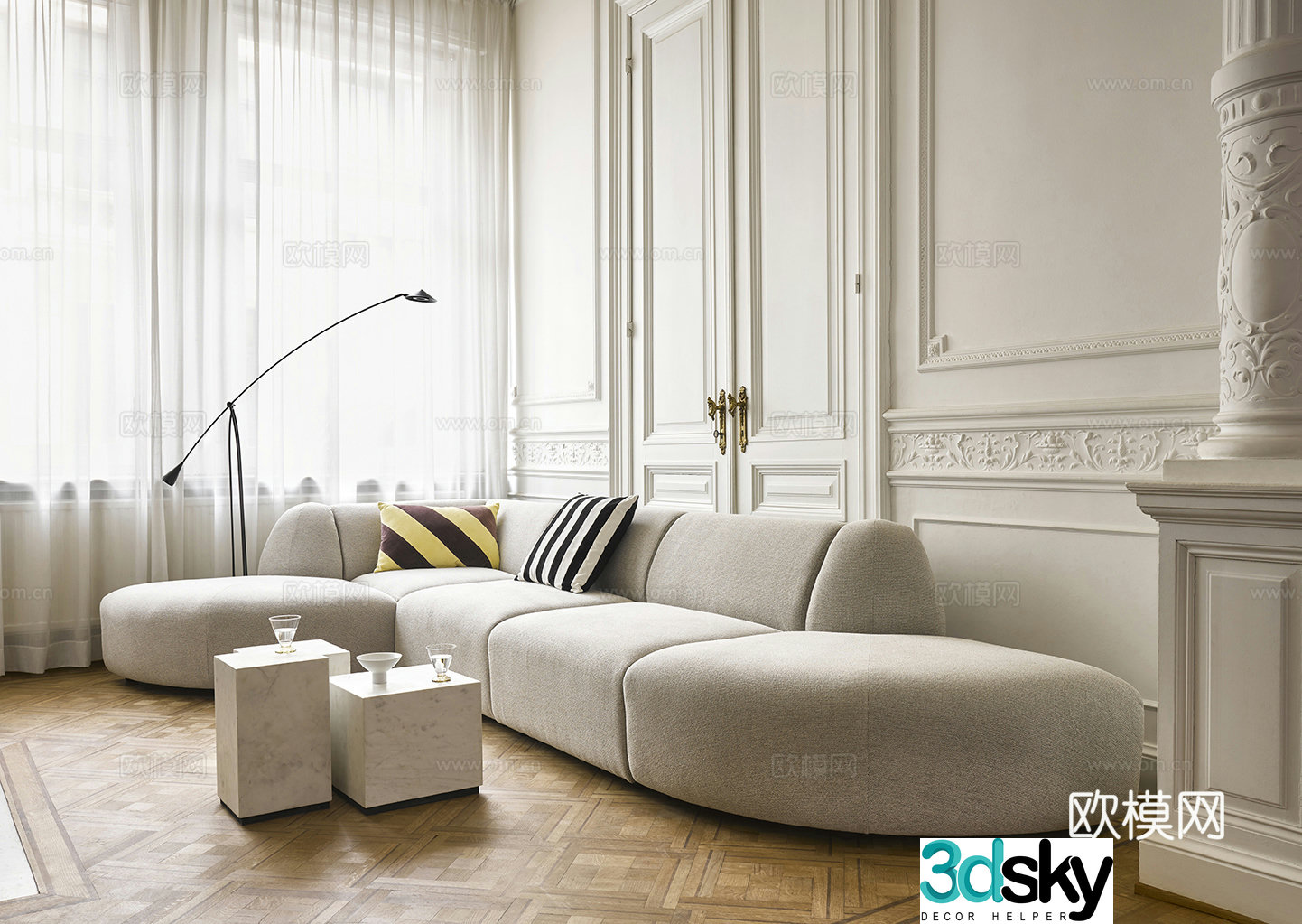 Cream style multi-person sofa corner sofa 3d model
