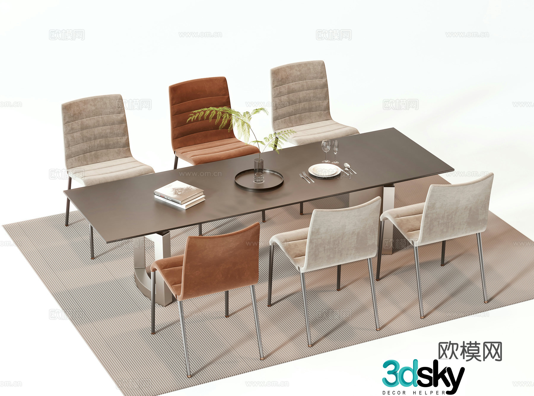 Modern dining table and chairs long table 3d model