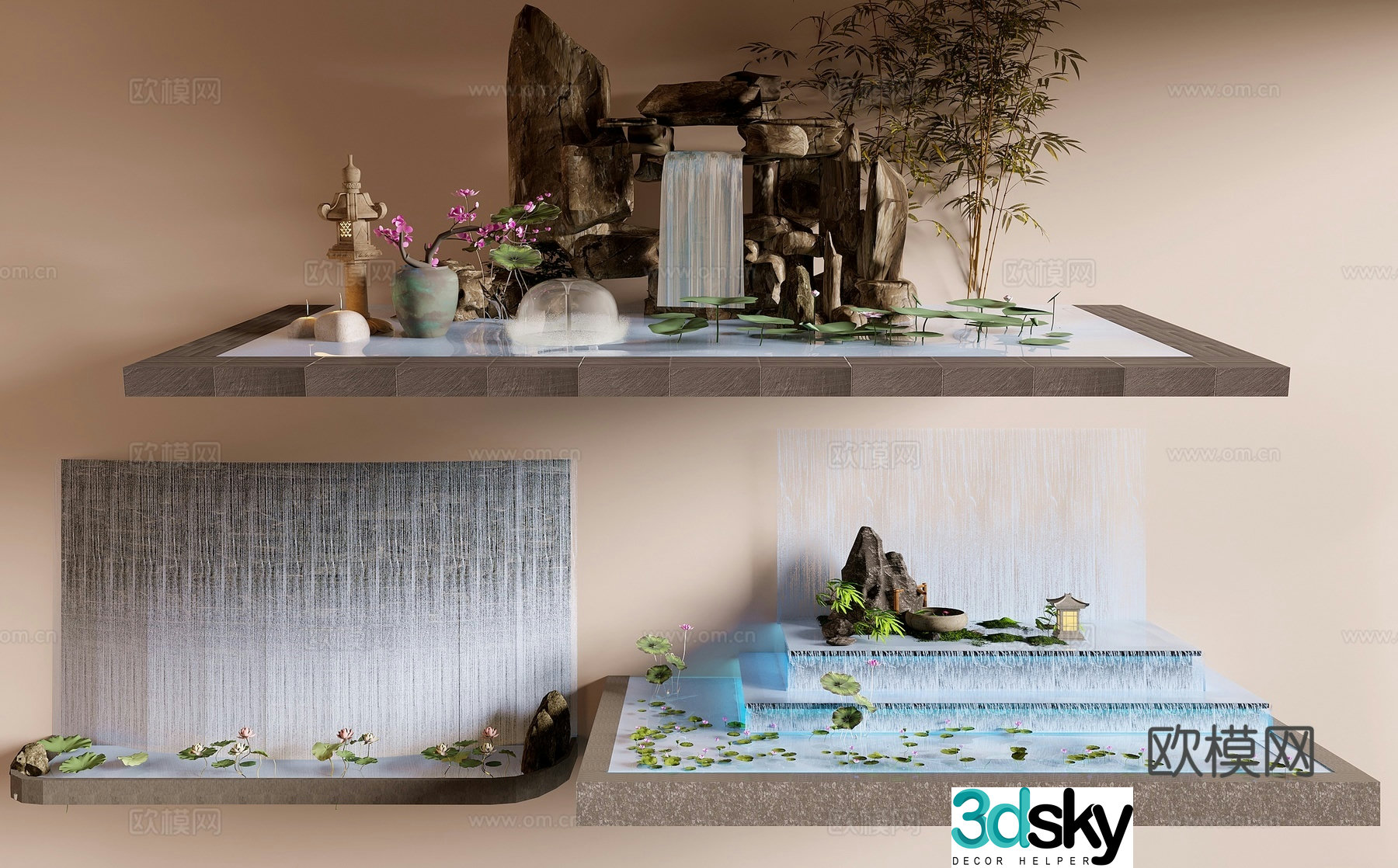 Landscape fountain flowing water waterfall 3d model