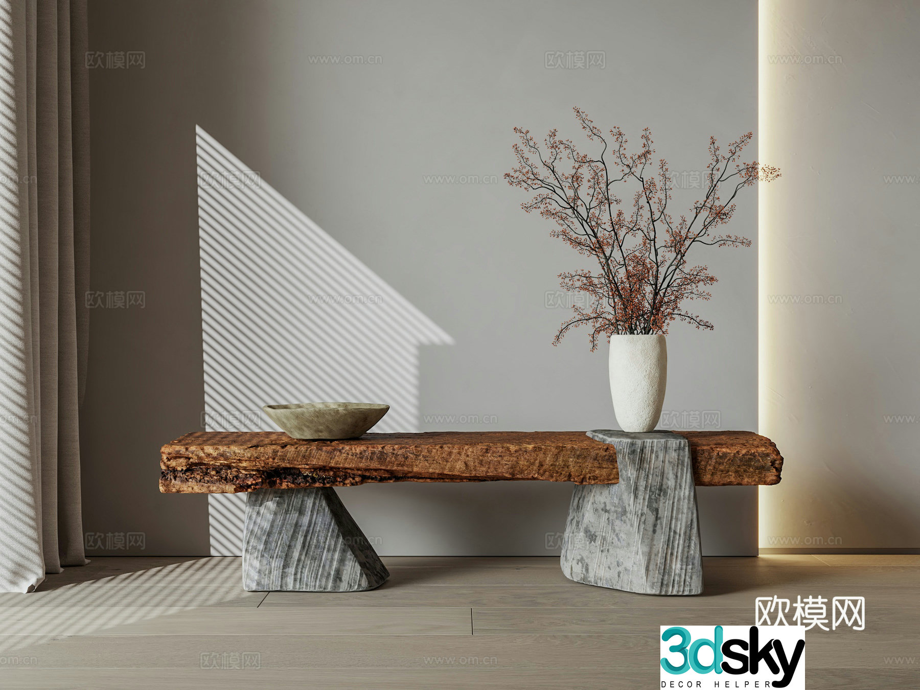wabi-sabi old wooden bench stone bench wooden stool 3d model