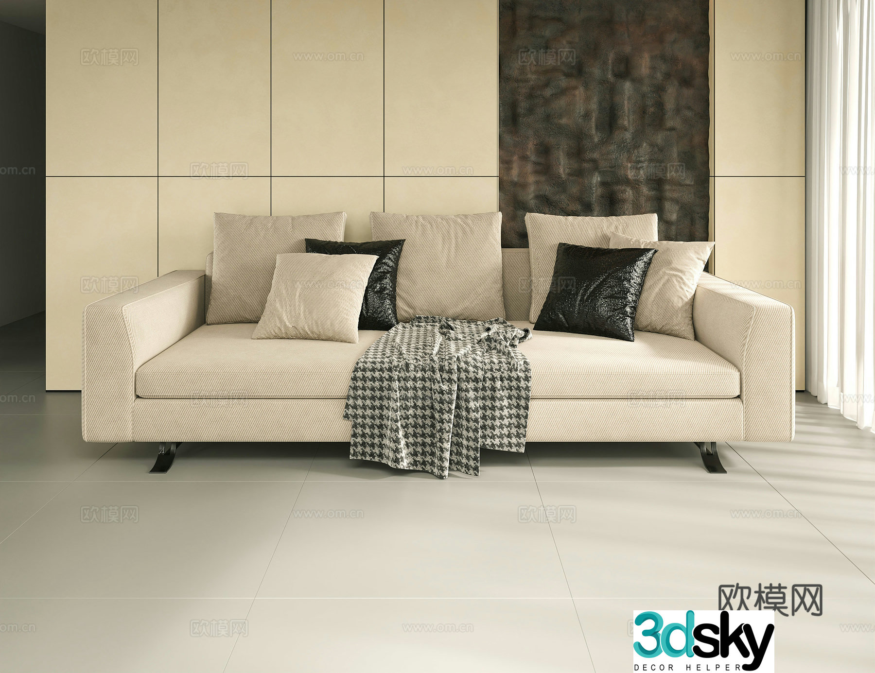 Modern three-person sofa fabric sofa 3d model