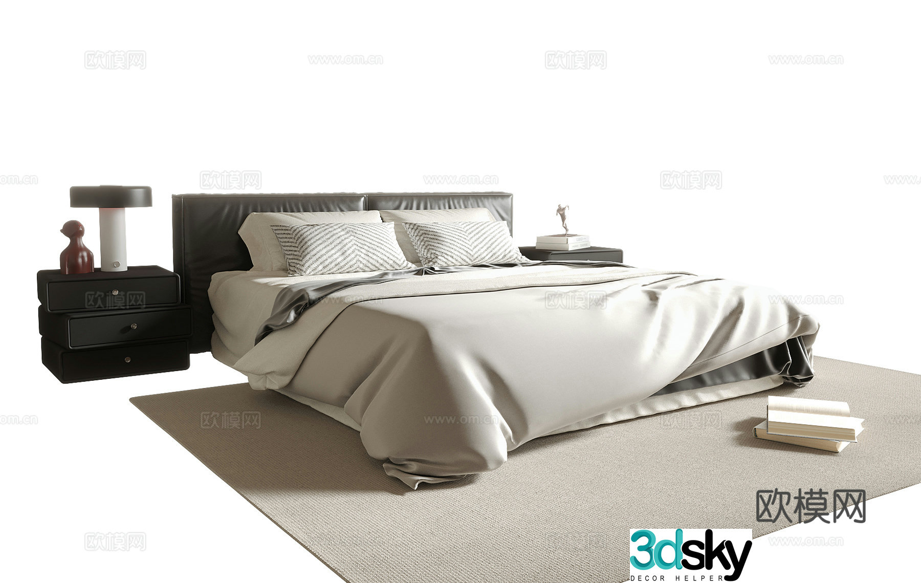 Modern double bed bedside table carpet bedding 3d model