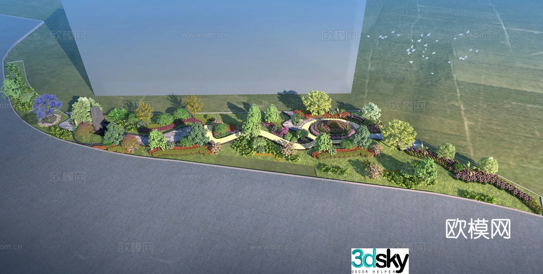 Modern linear park pocket park street corner green space park 3d model
