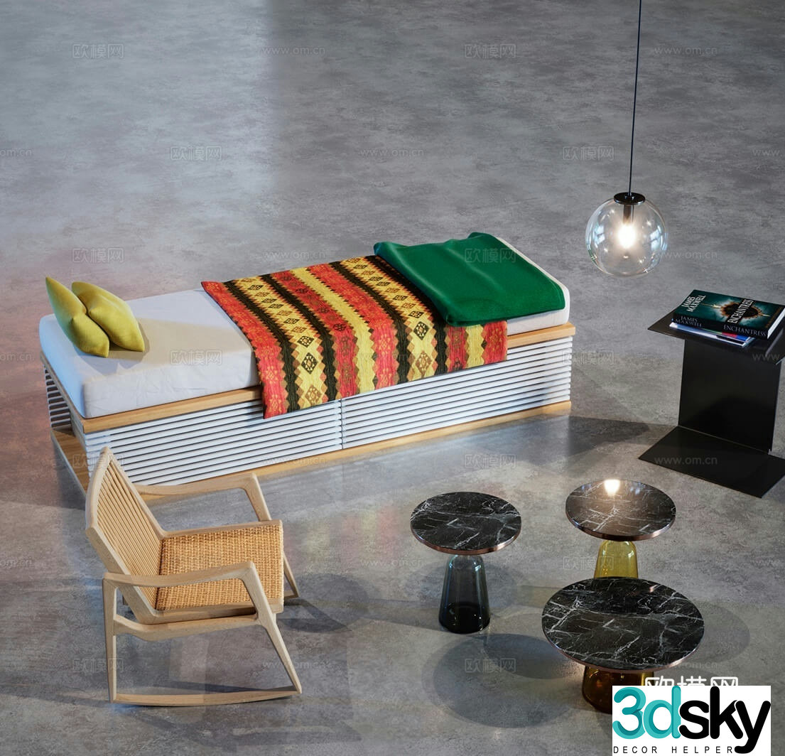 Modern single bed armchair corner table 3d model