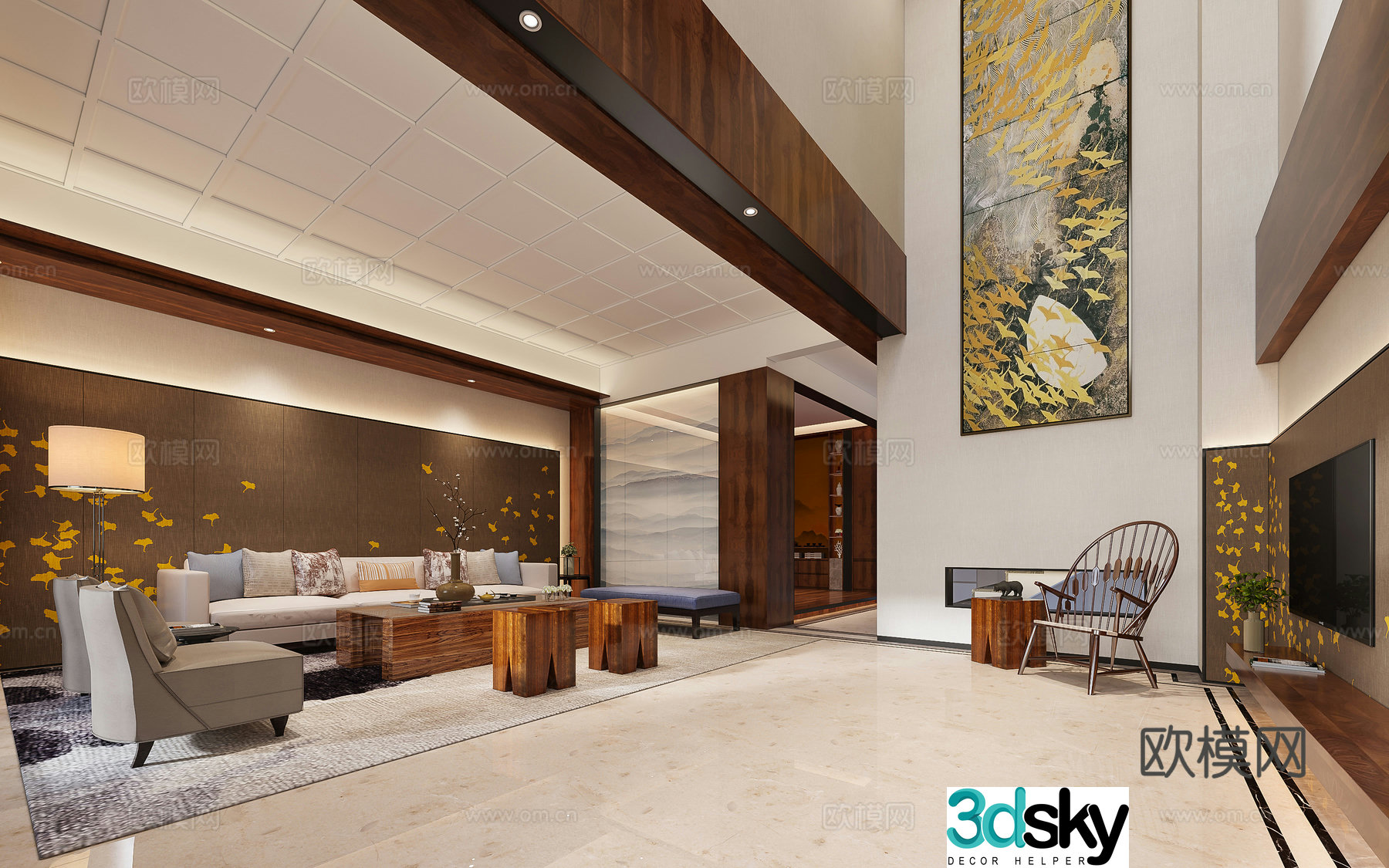 New Chinese style villa living room villa lobby 3D model