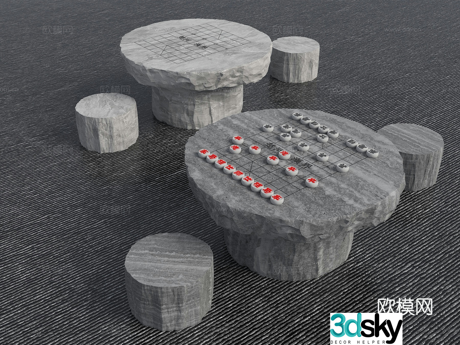 Outdoor chess table stone table stone bench 3d model