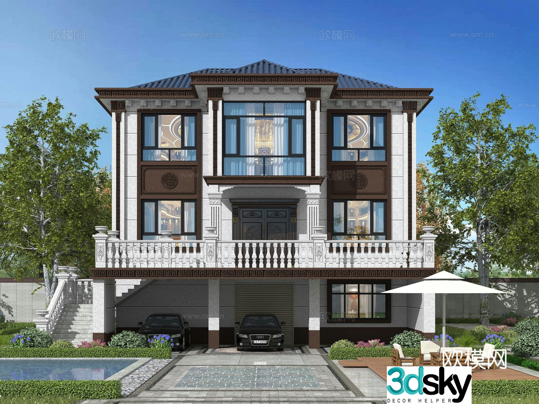 New Chinese style single-family villa appearance 3D model
