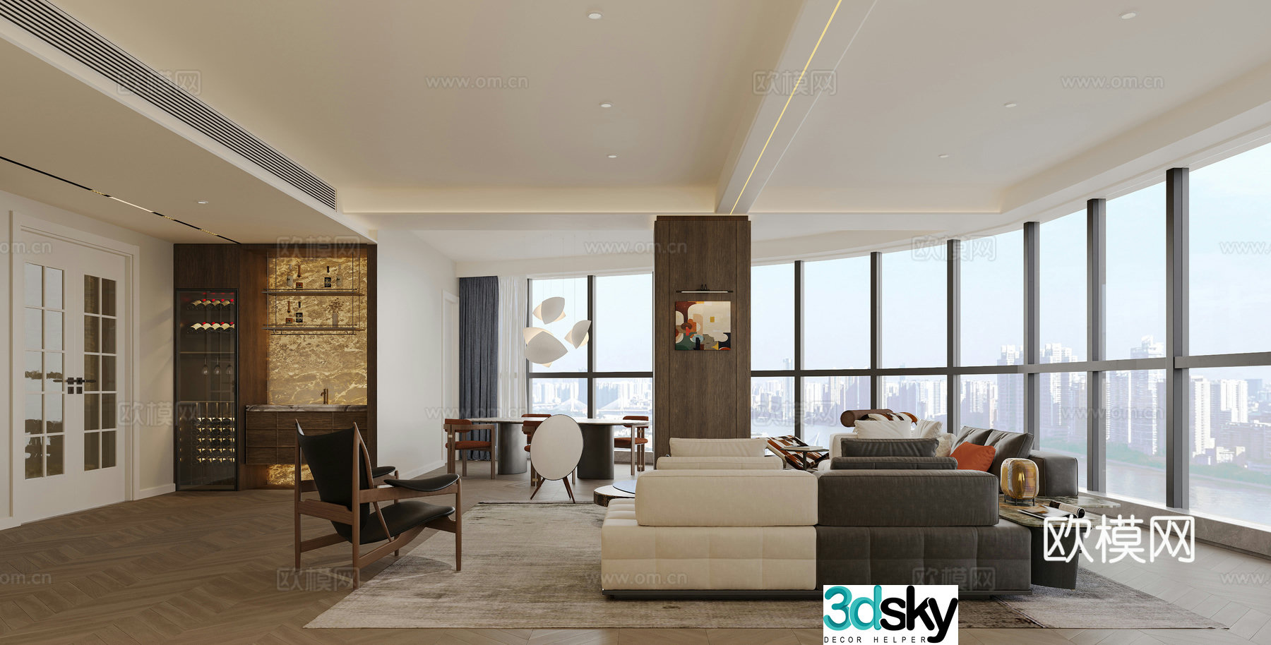 Modern living room large flat floor horizontal hall 3D model