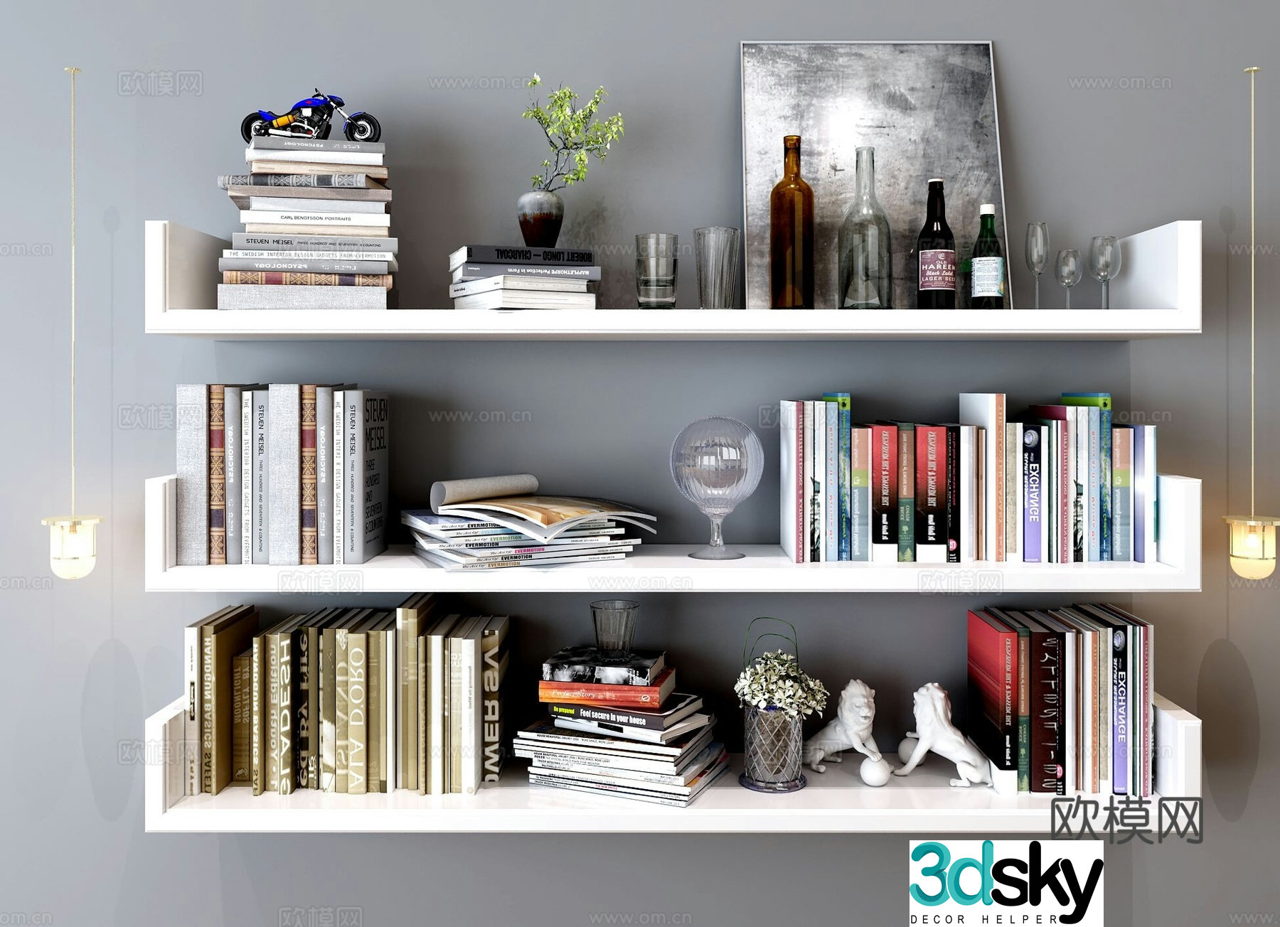 Modern decorations ornaments books paintings water bottles 3D model