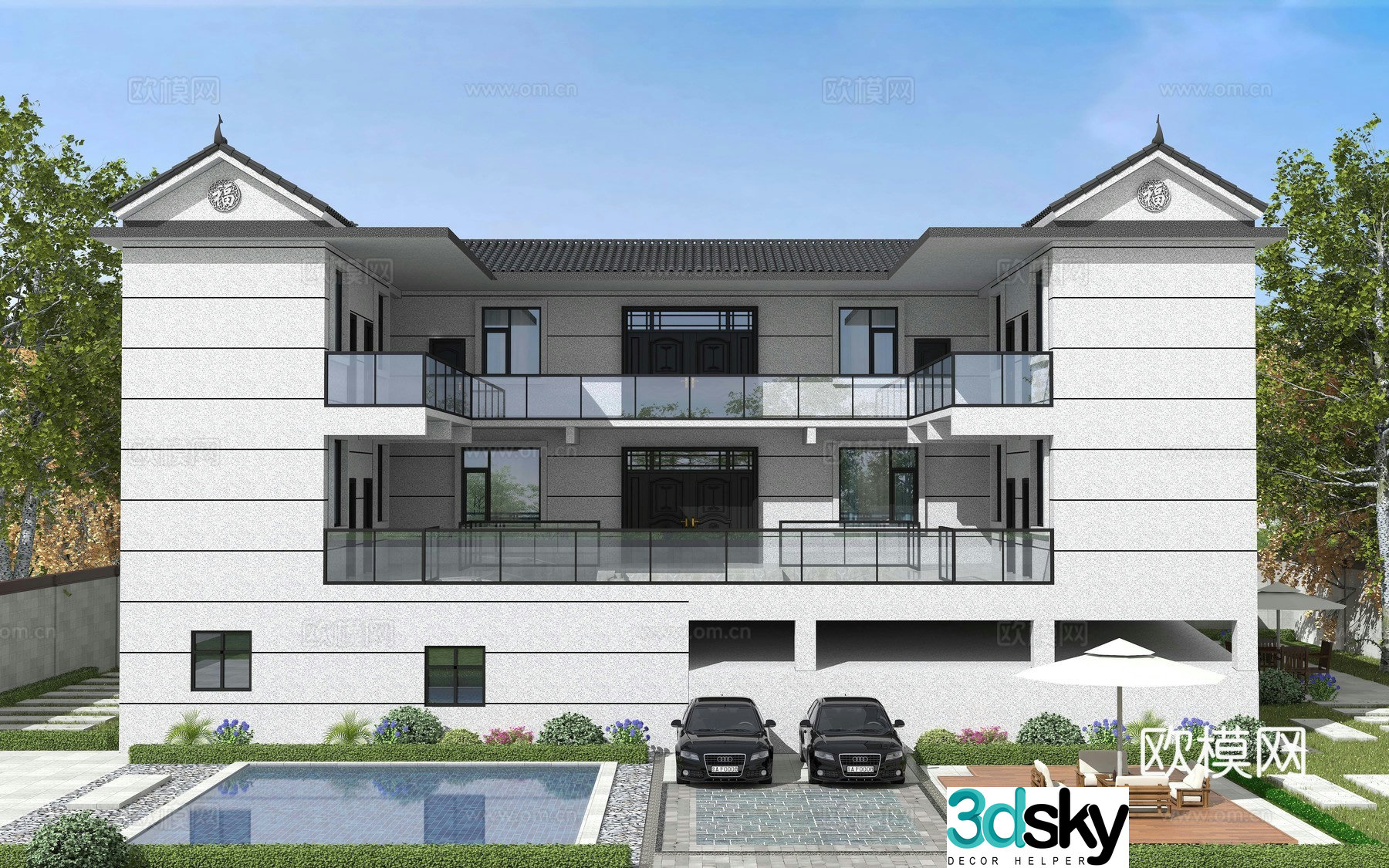 New Chinese style townhouse single-family villa appearance 3D model