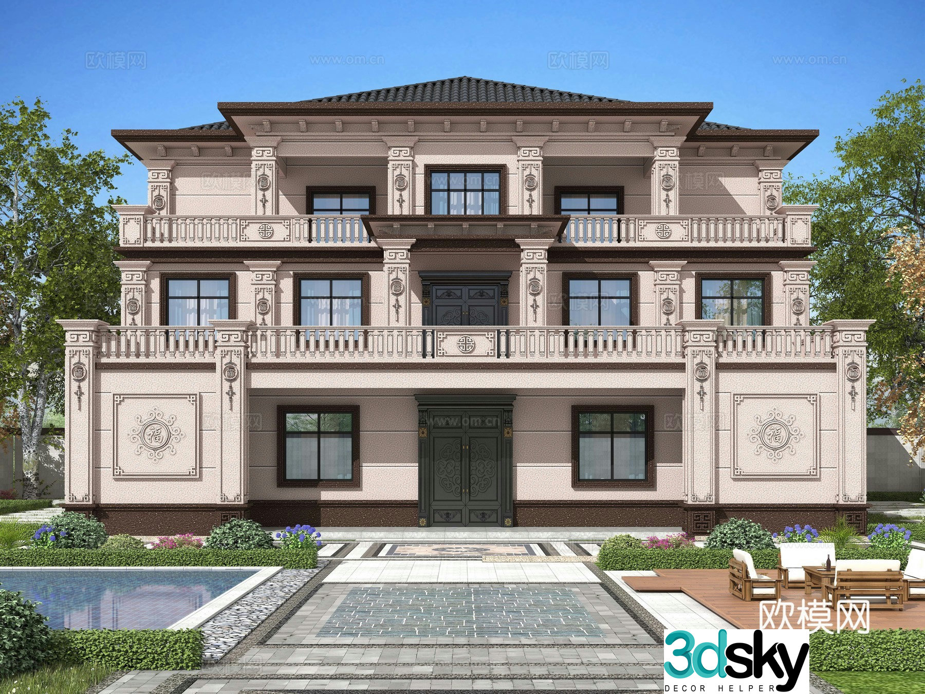 New Chinese style single-family villa appearance 3D model