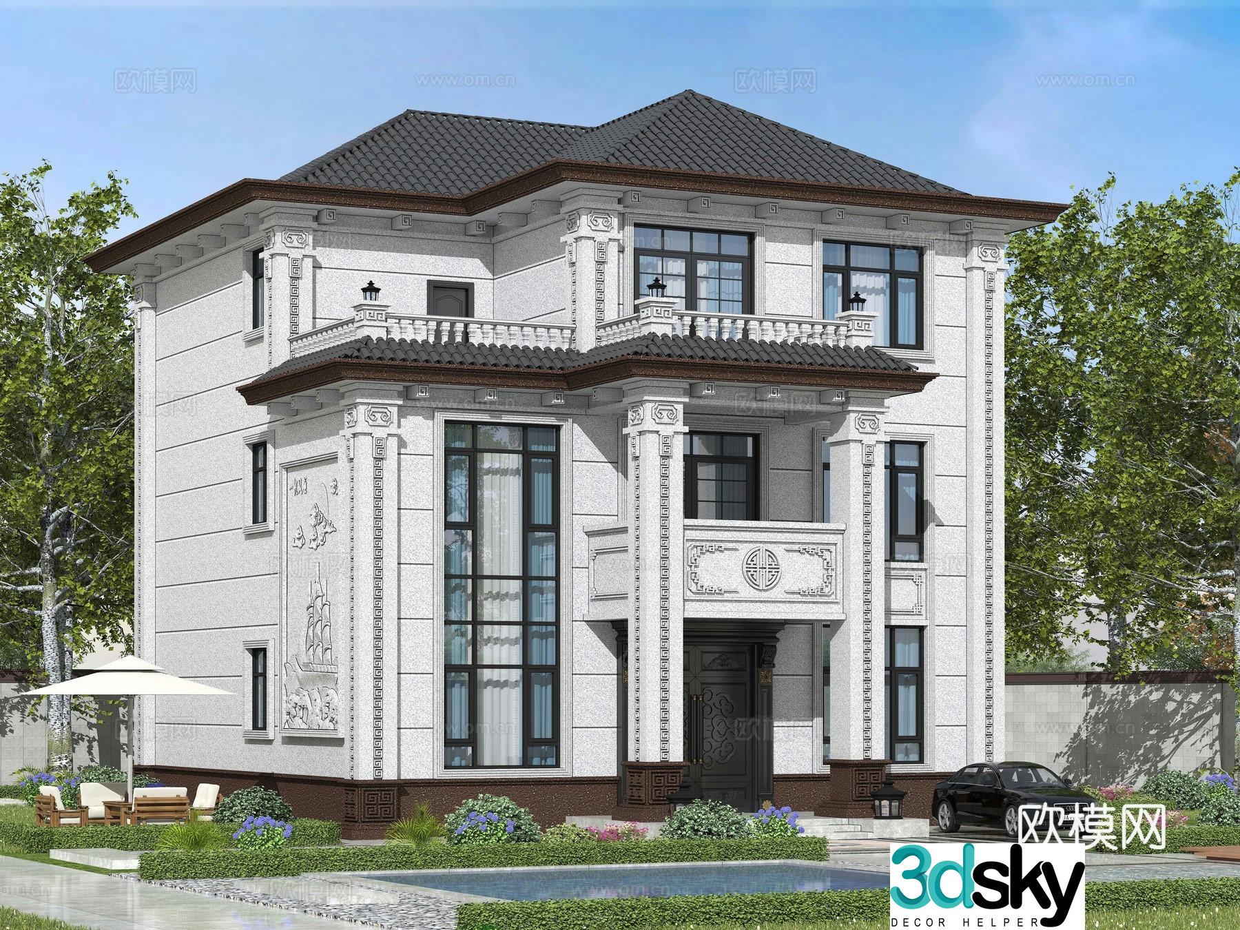 Chinese style single-family villa appearance 3D model