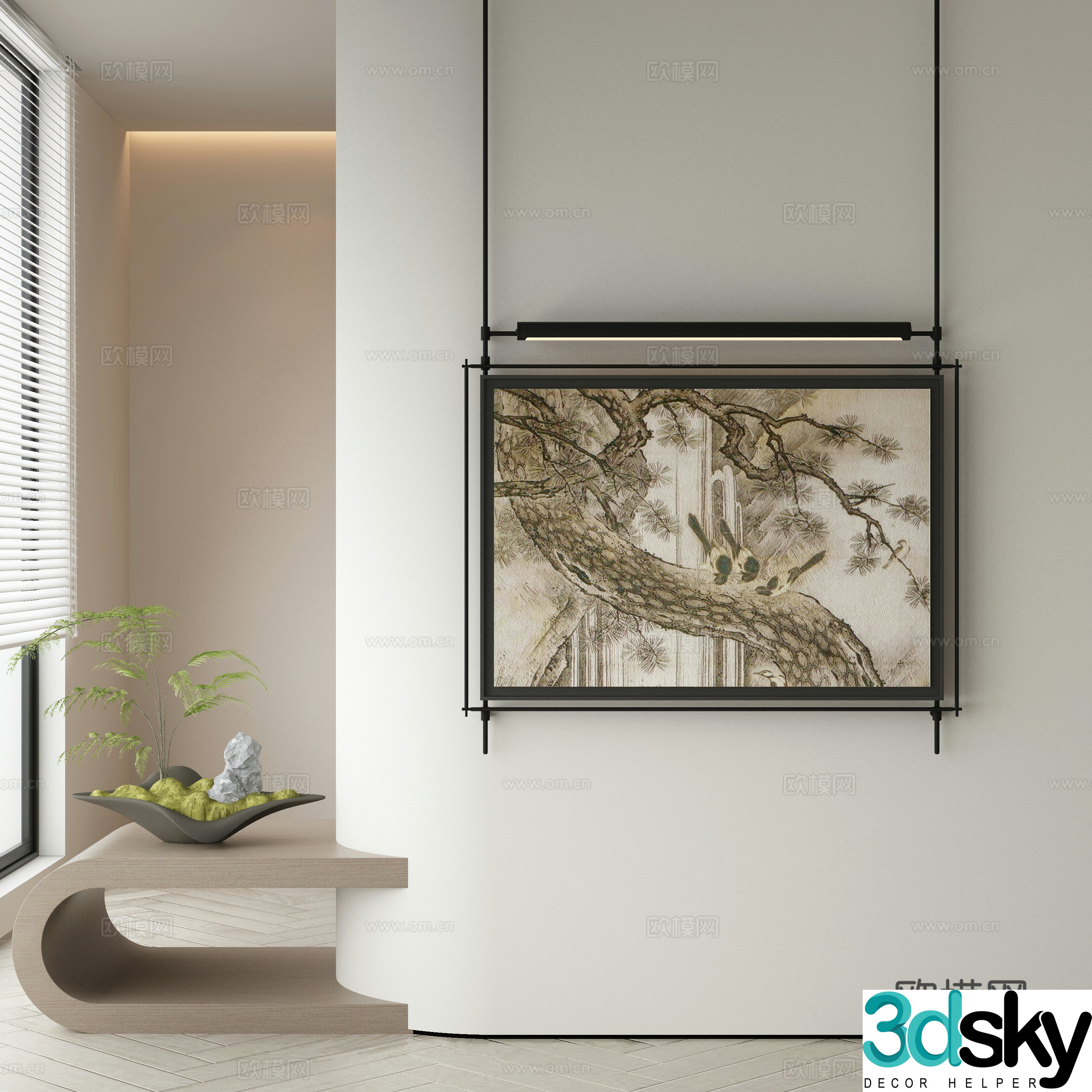 New Chinese style decorative painting metal pole hanging painting 3D model