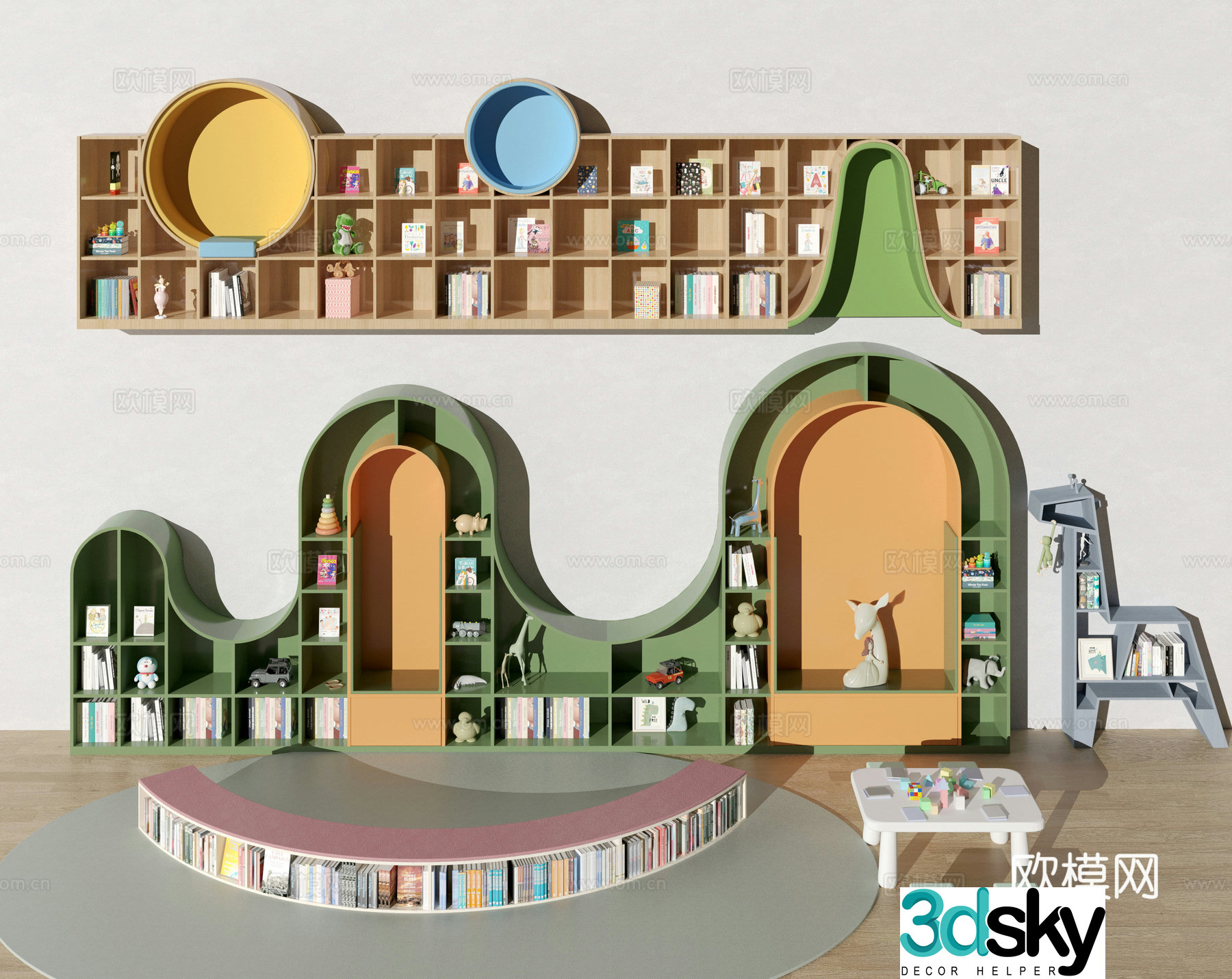 Modern kindergarten desk bookshelf kindergarten bookcase 3d model