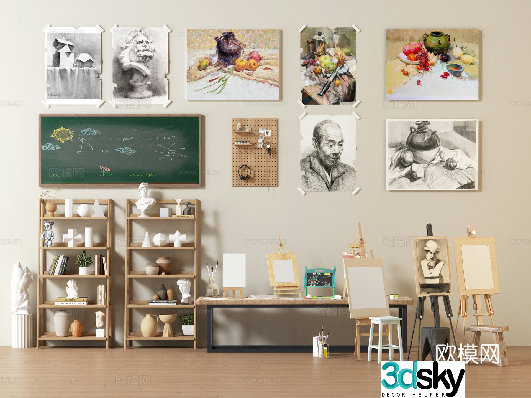 Painting tools easel paint brushes blackboard drawing board stool plaster sculpture 3d model