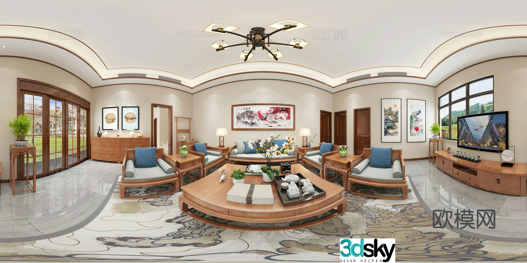New Chinese style living room cr panoramic 3d model