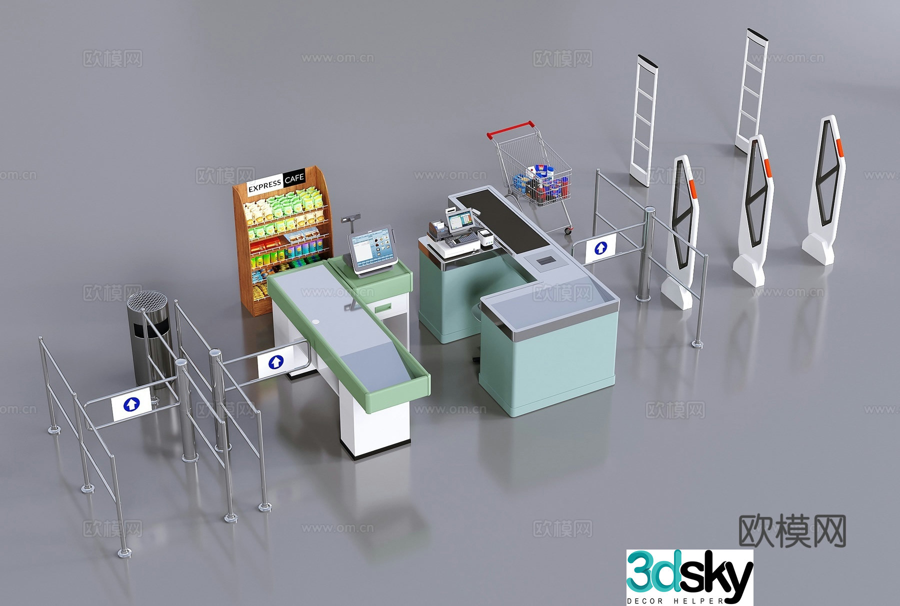 Supermarket checkout counter cash register access control 3d model