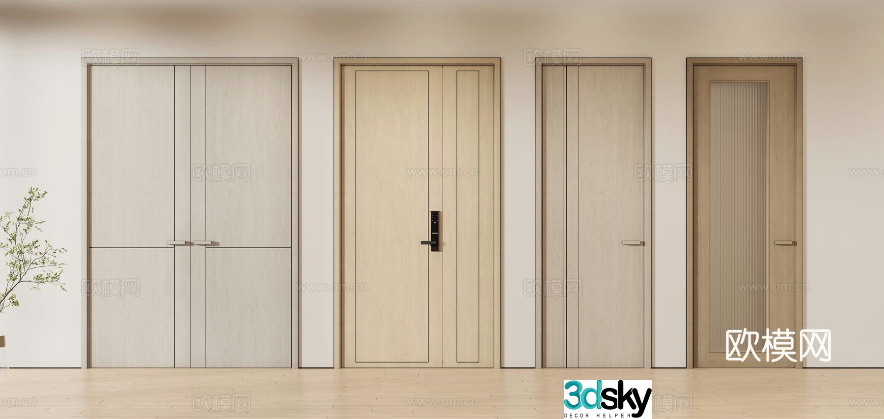 New Chinese style single door double door room door wooden door 3D model