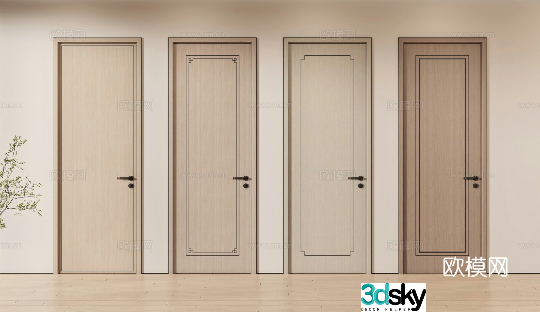 New Chinese style single door door bedroom door wooden door 3d model