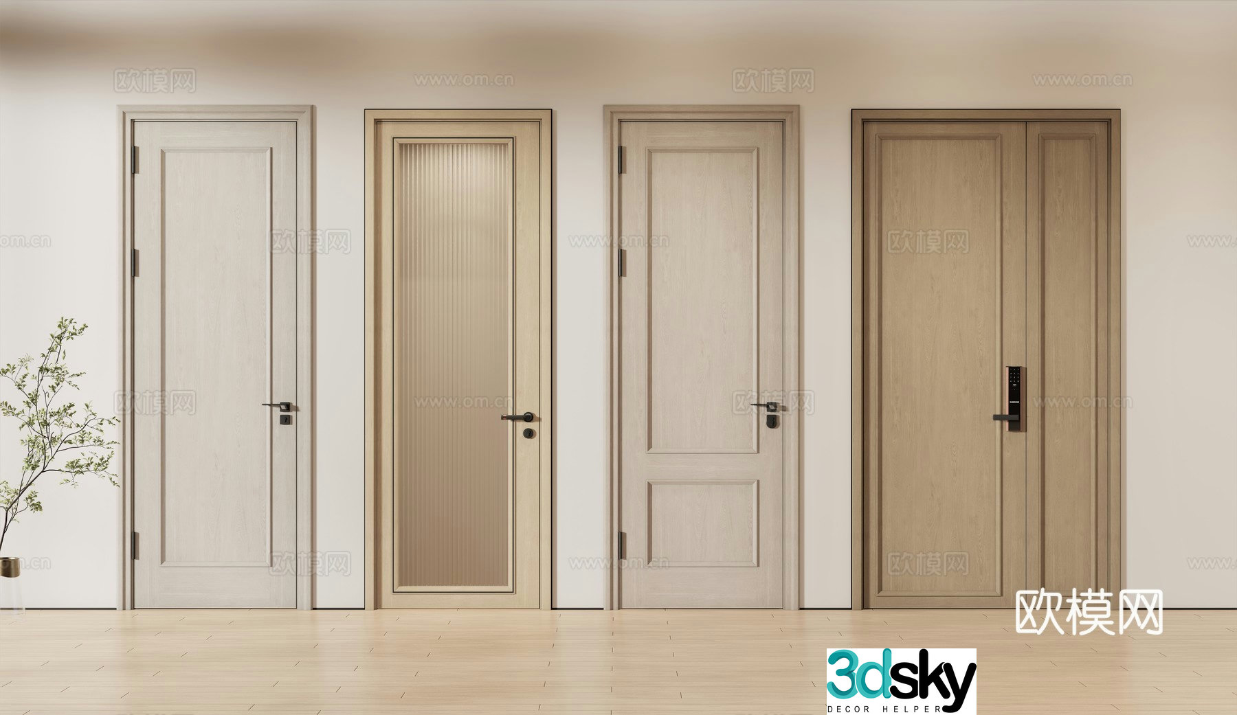 New Chinese style single door double door room door wooden door 3D model
