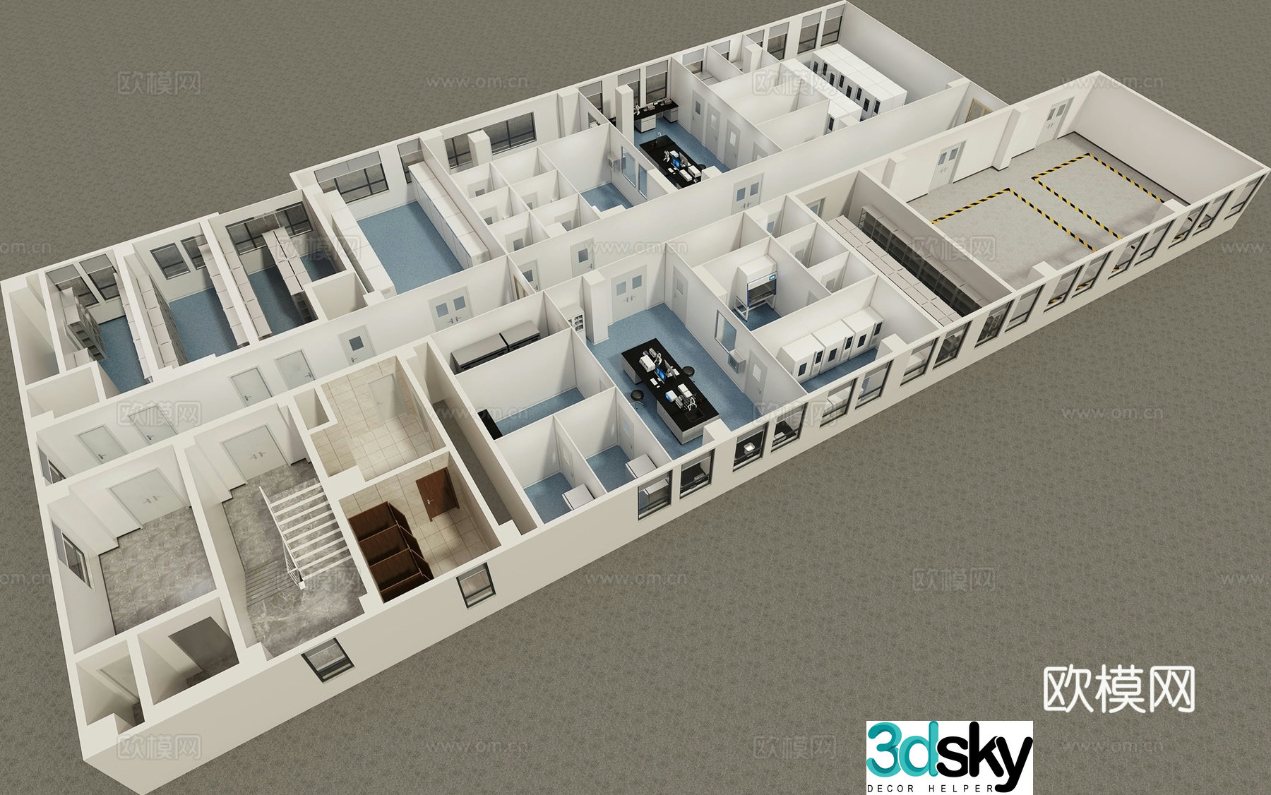 Aerial view 3d model of modern laboratory