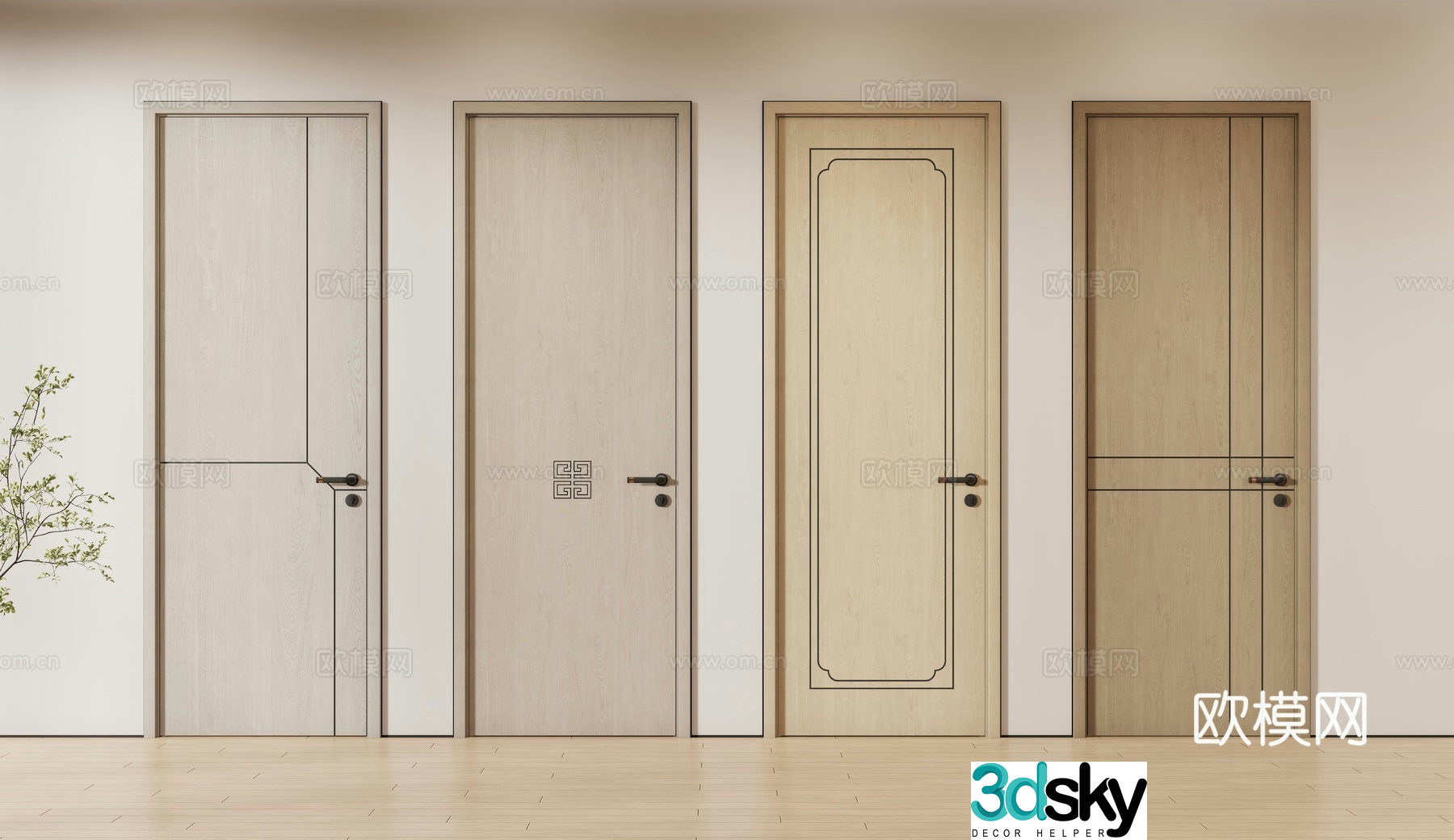 New Chinese style single door door flat door solid wood door 3d model