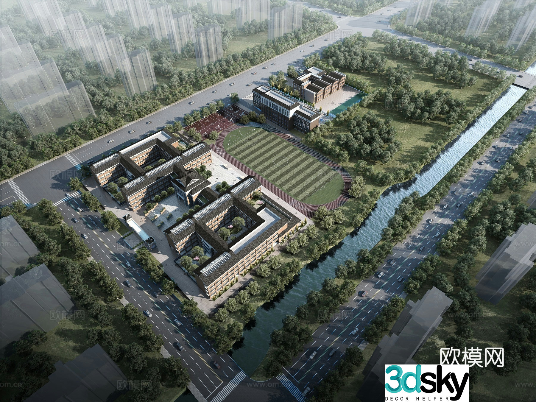 School aerial view 3d model