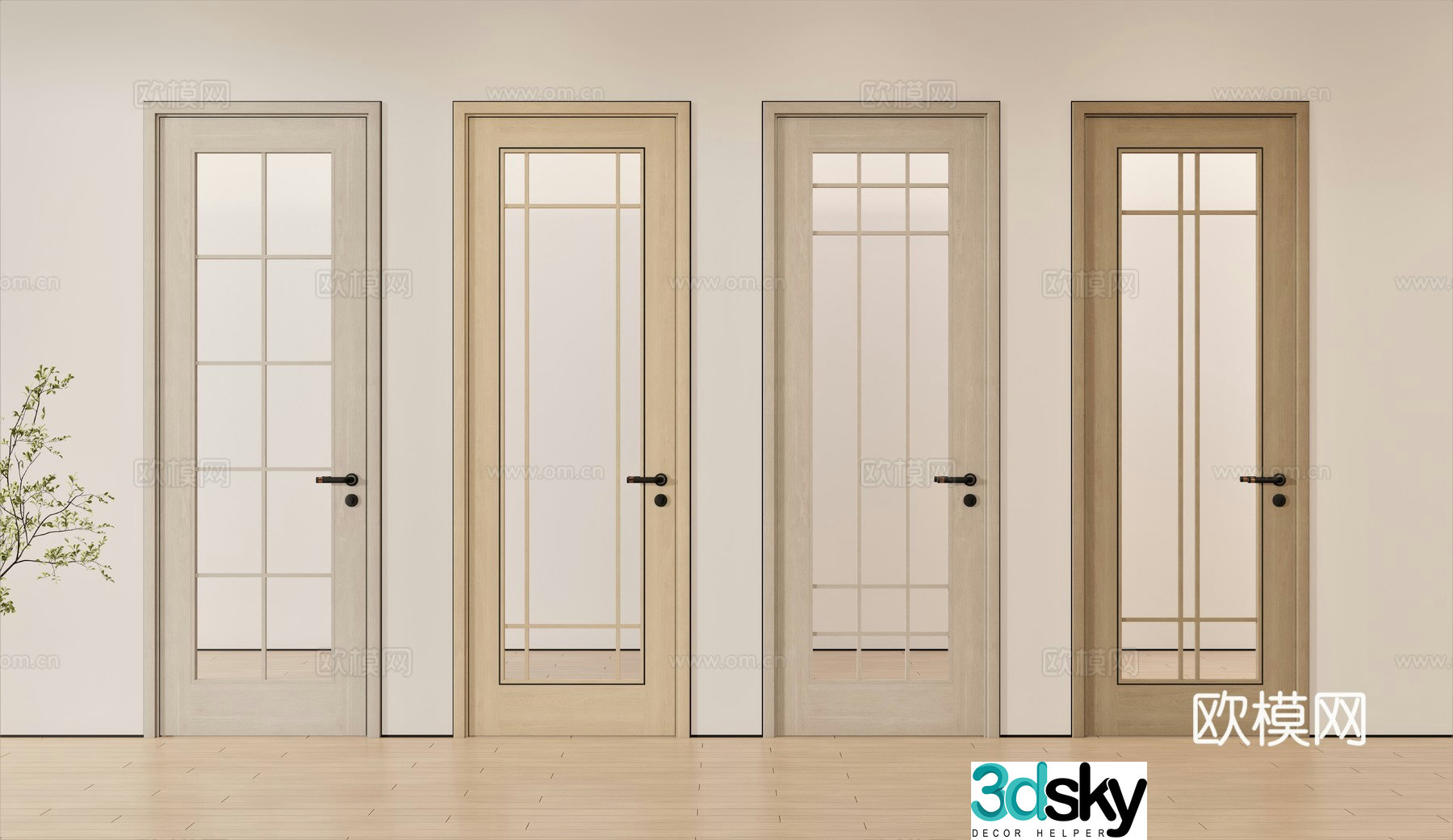 New Chinese style single door bathroom door wooden door Changhong glass door 3d model