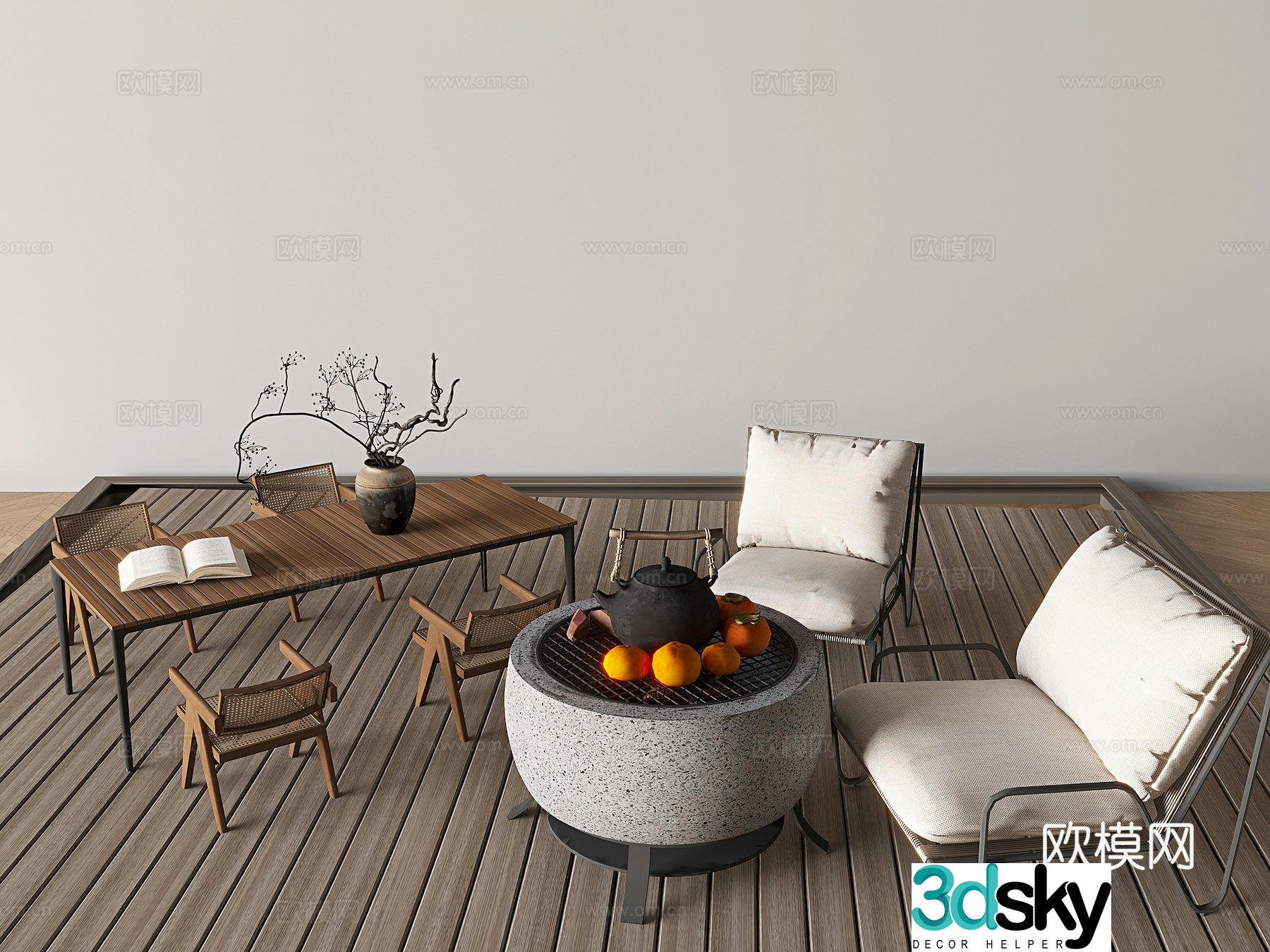 Wabi-sabi outdoor table and chairs making tea by the fire 3D model