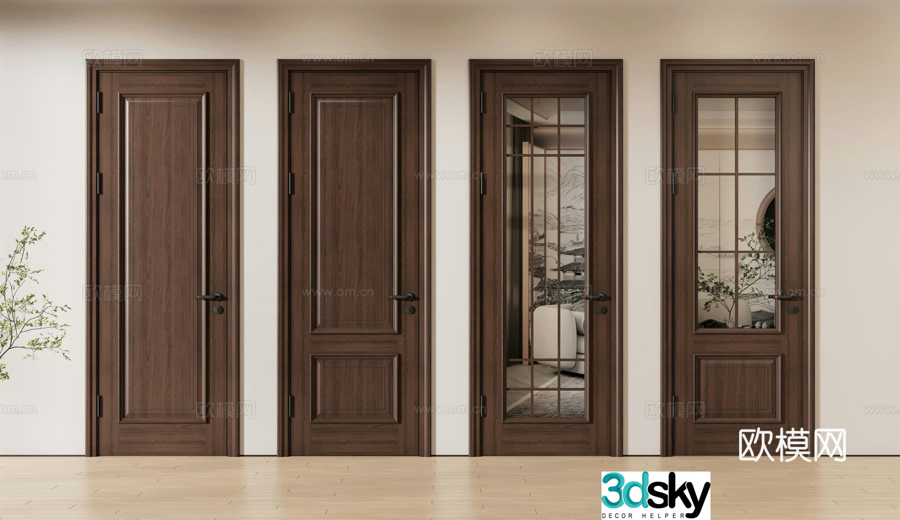 New Chinese style single door door bedroom door glass door 3d model