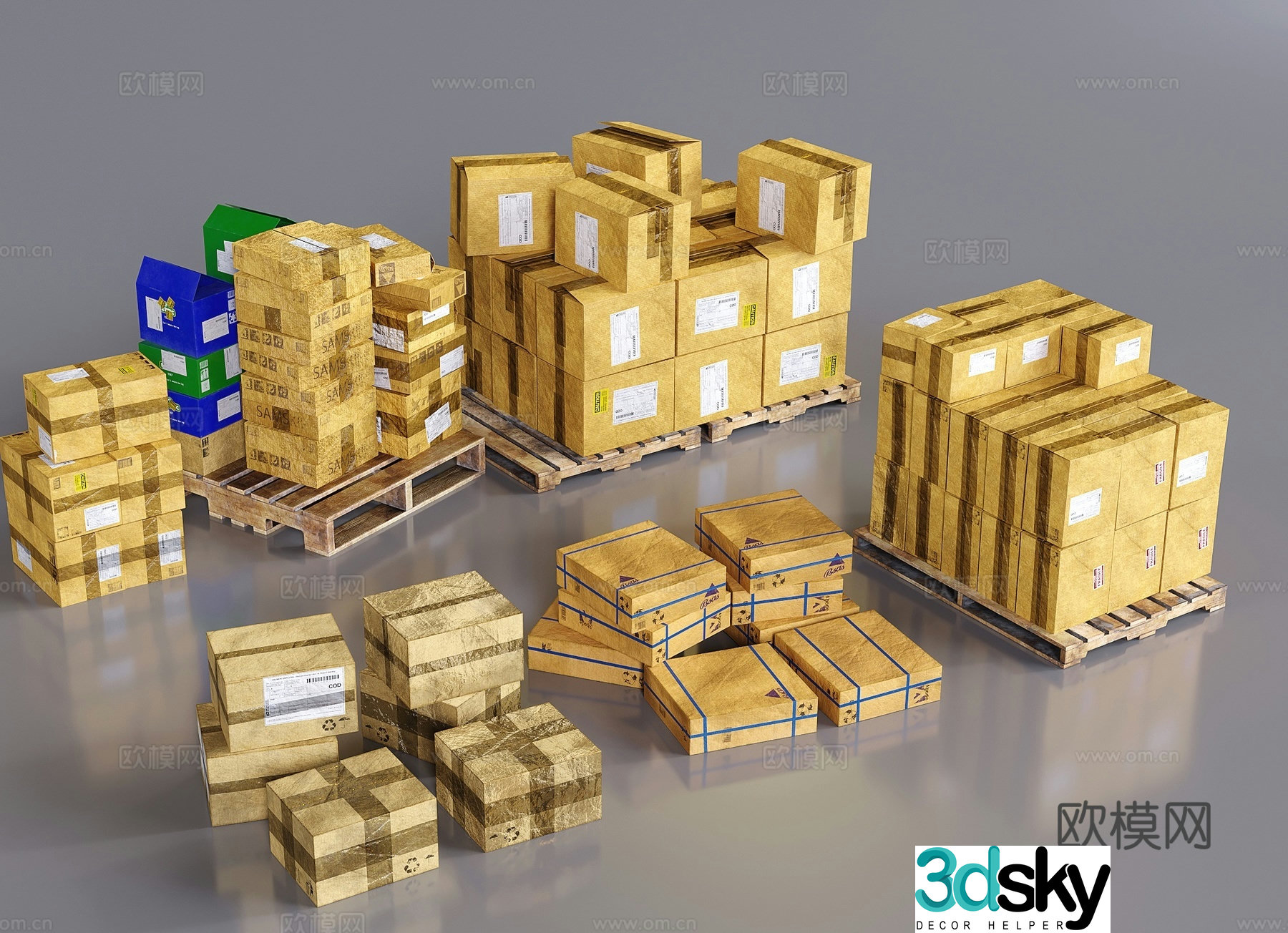 carton packaging box cargo wooden pallet 3d model