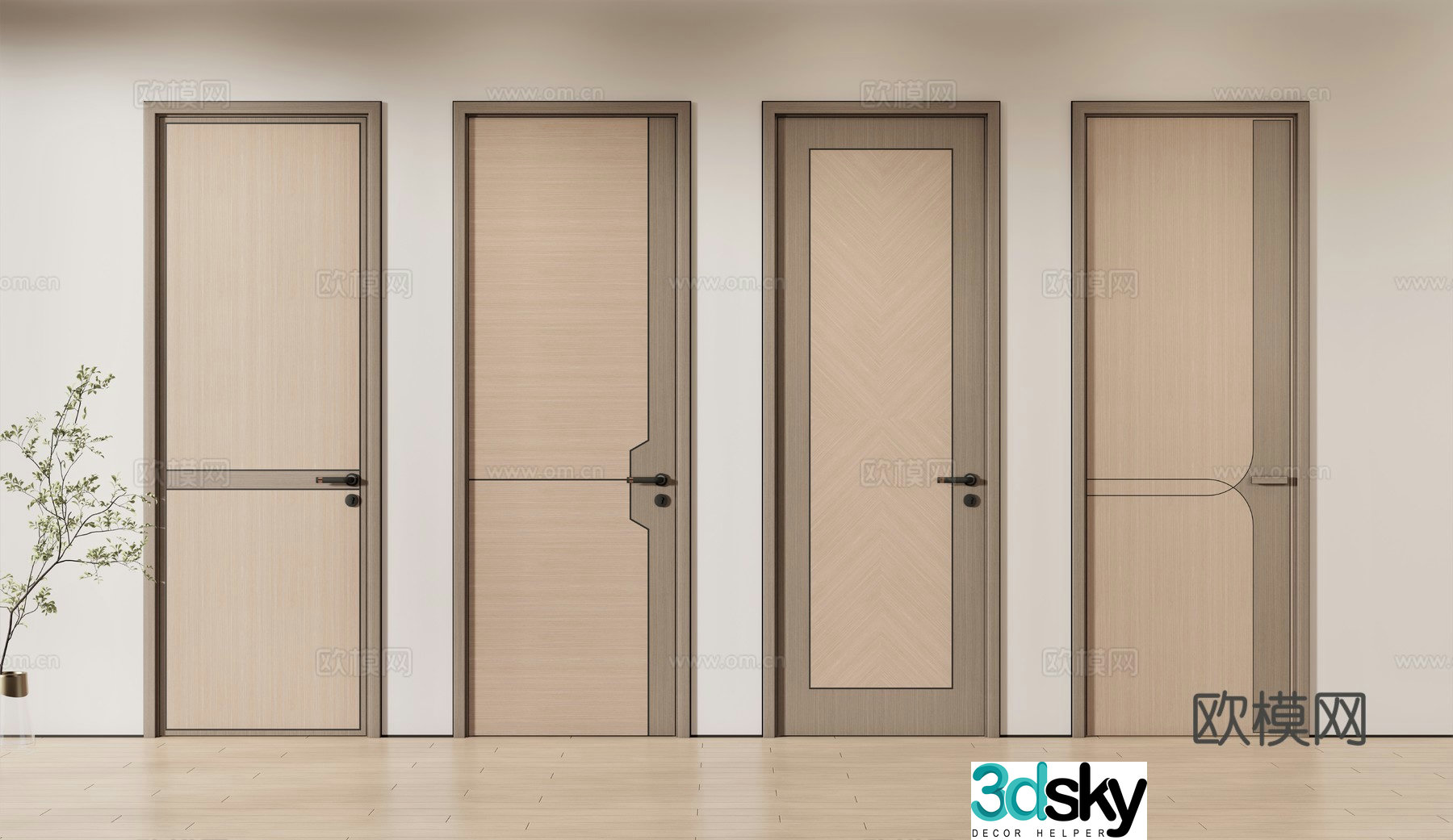 New Chinese style single door door bedroom door wooden door 3d model