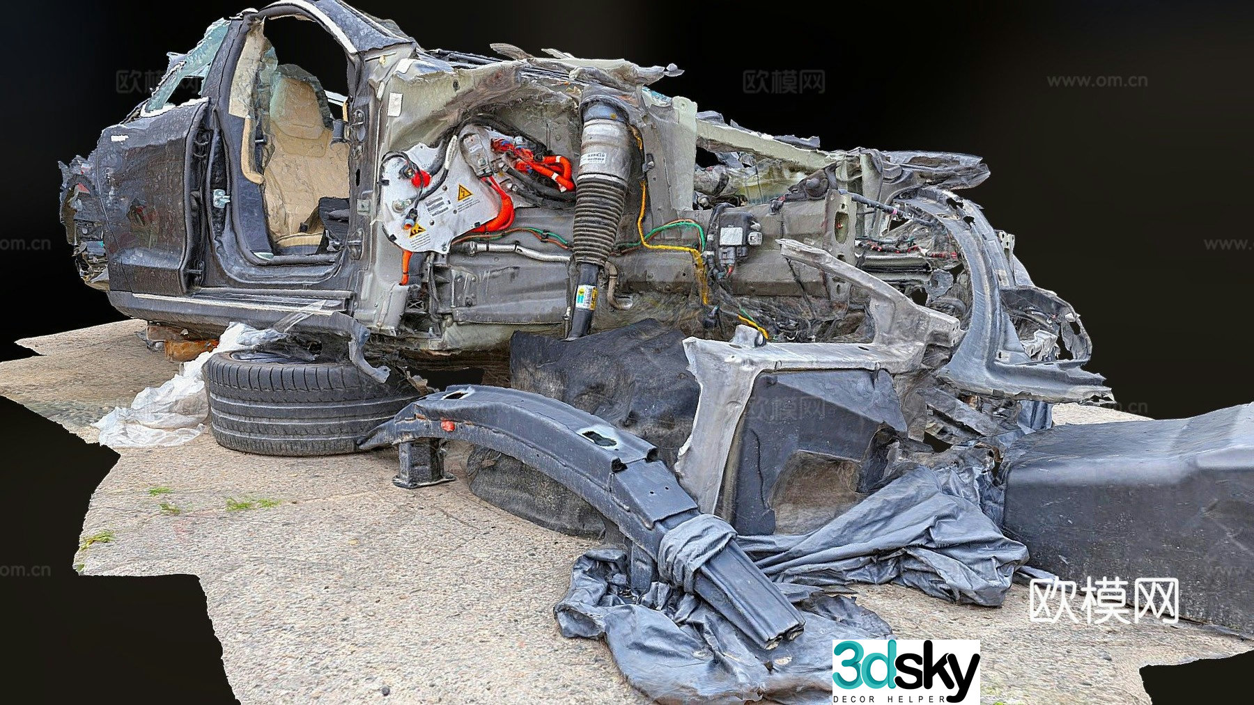 Tesla Model S car wreckage dilapidated car 3d model