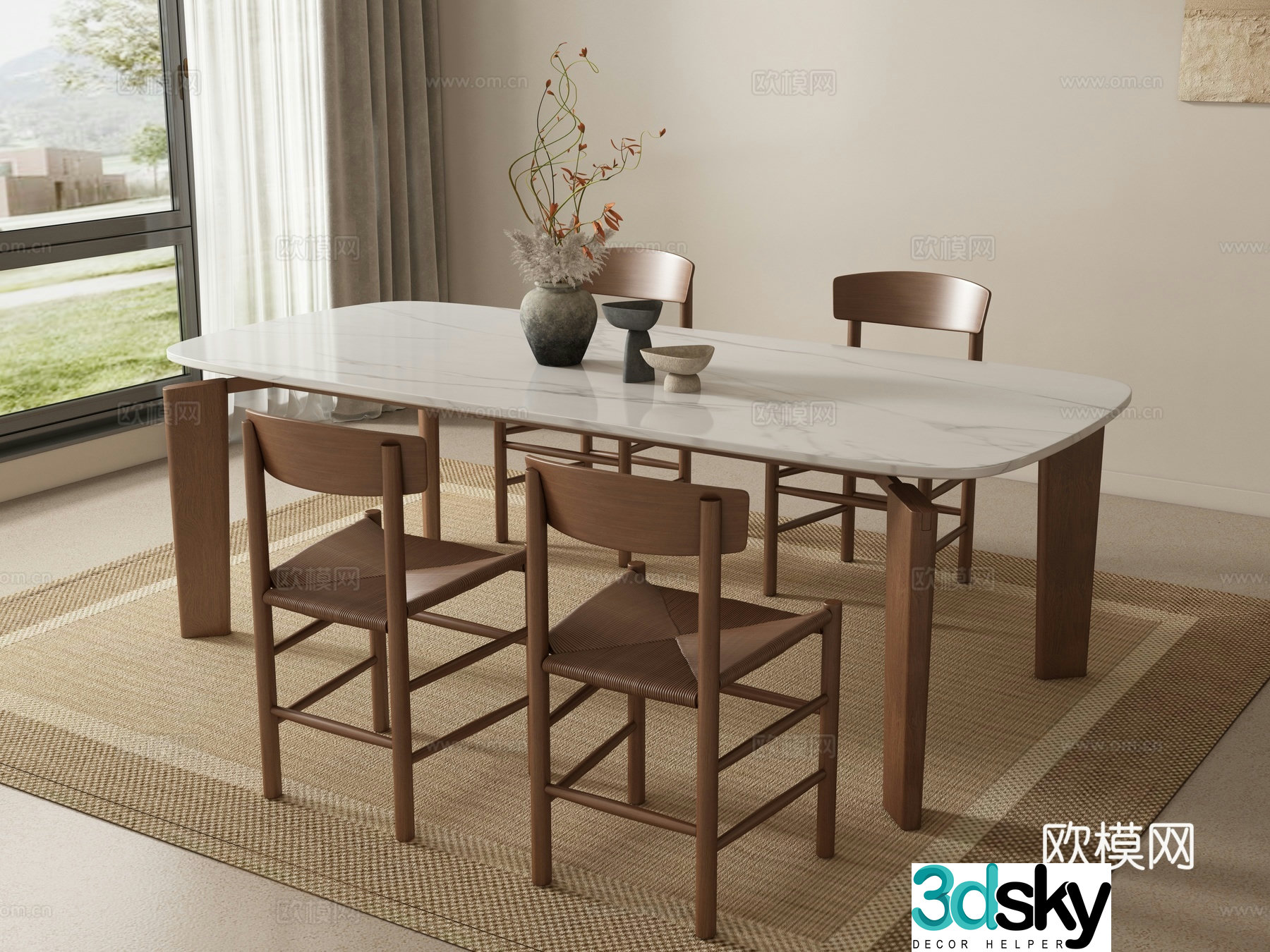 Wabi-sabi dining table and chairs 3d model