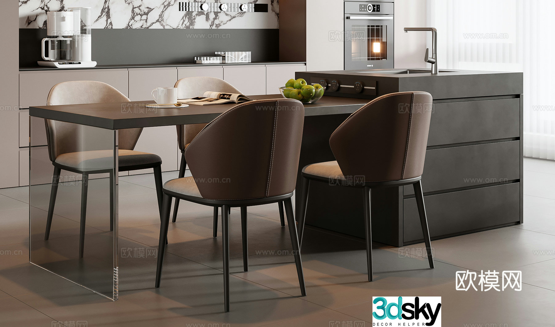Italian dining table and chairs island 3d model