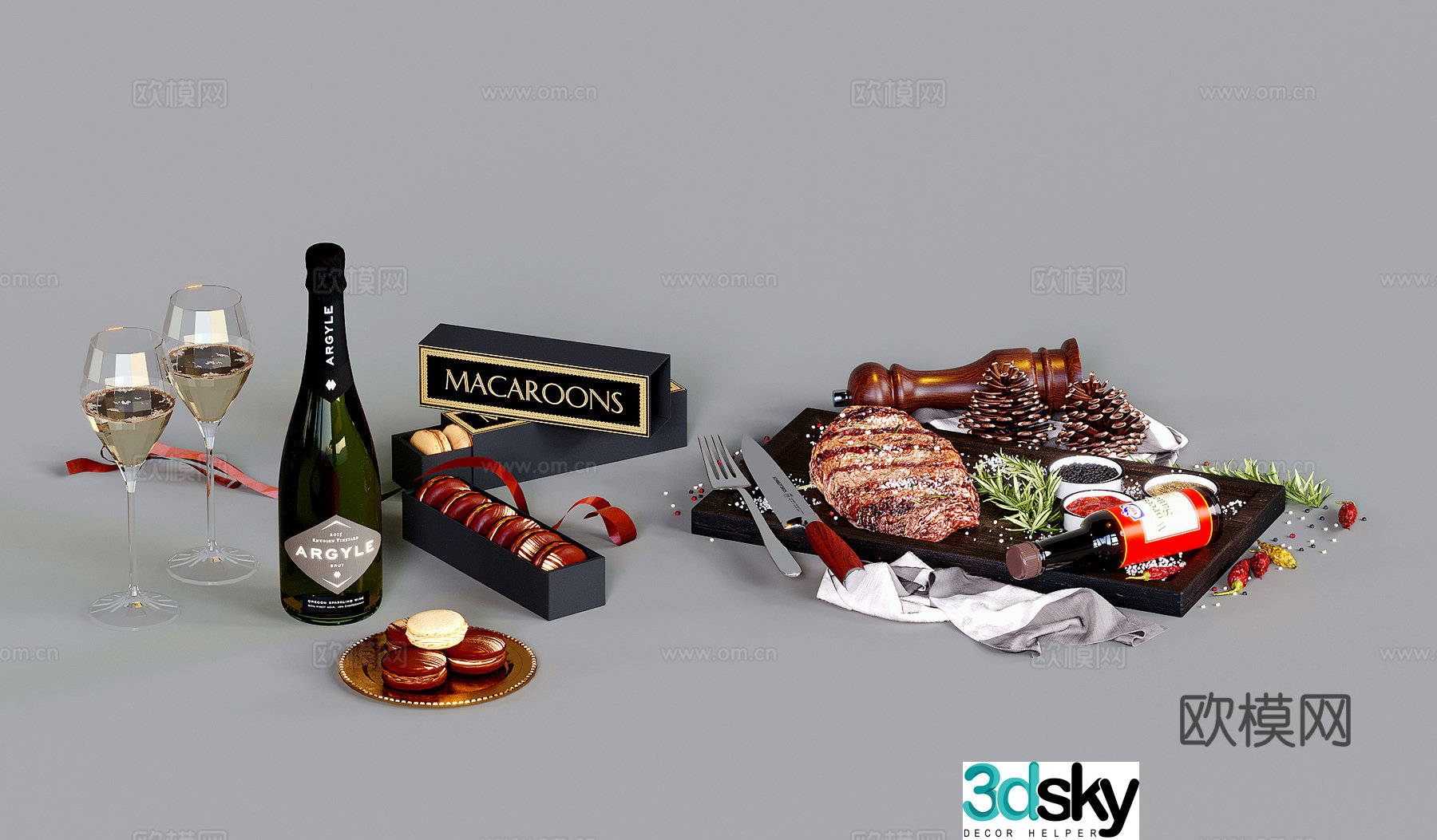 Modern food steak biscuits champagne drinks tableware 3d model