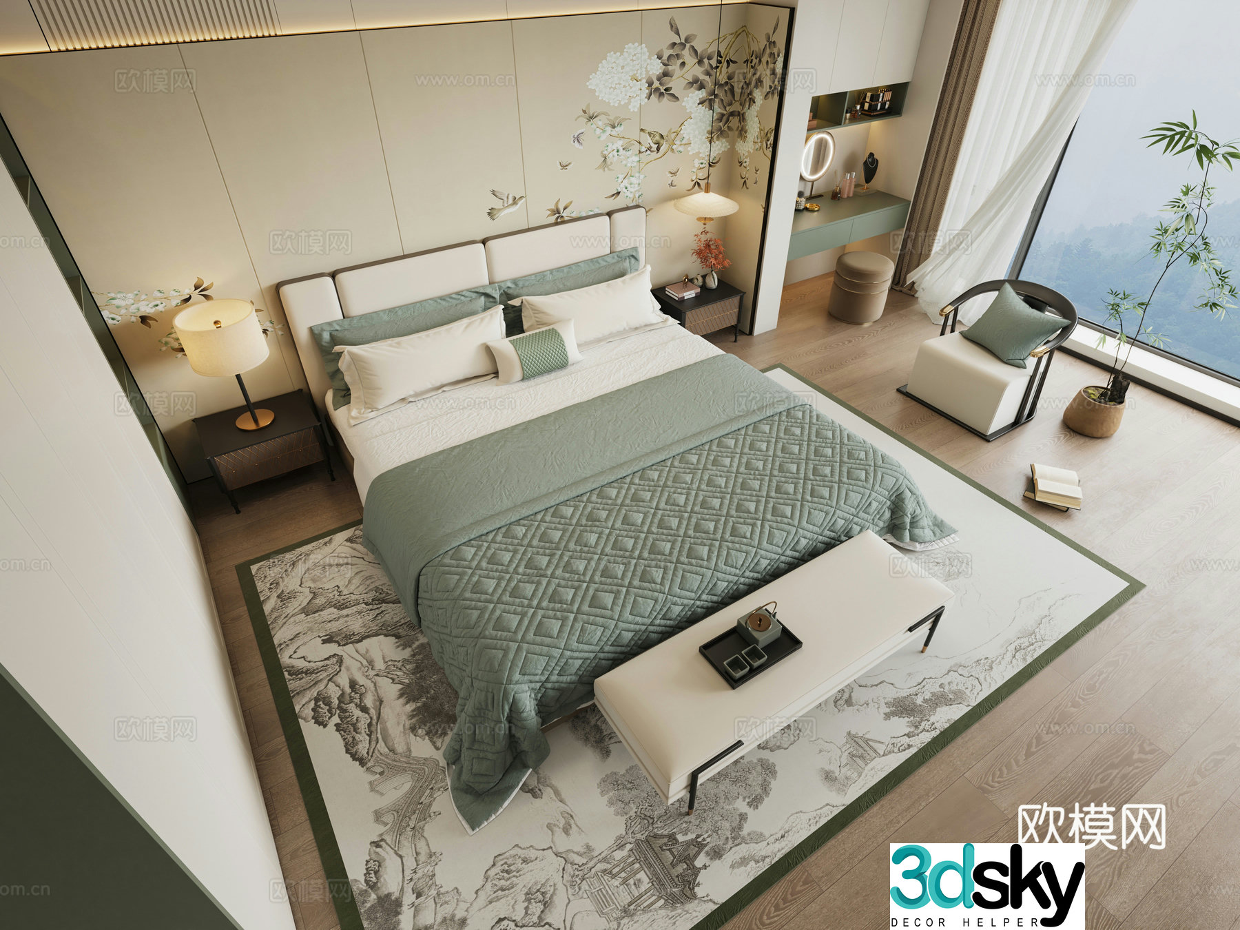 New Chinese style double bed 3d model