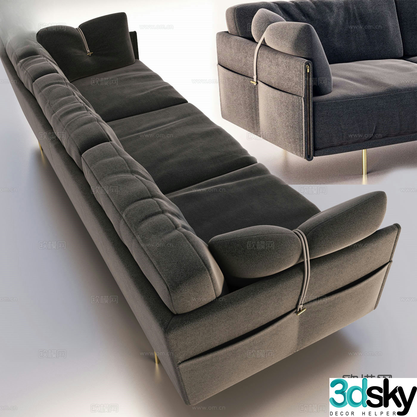 Three-person sofa straight-row sofa 3D model