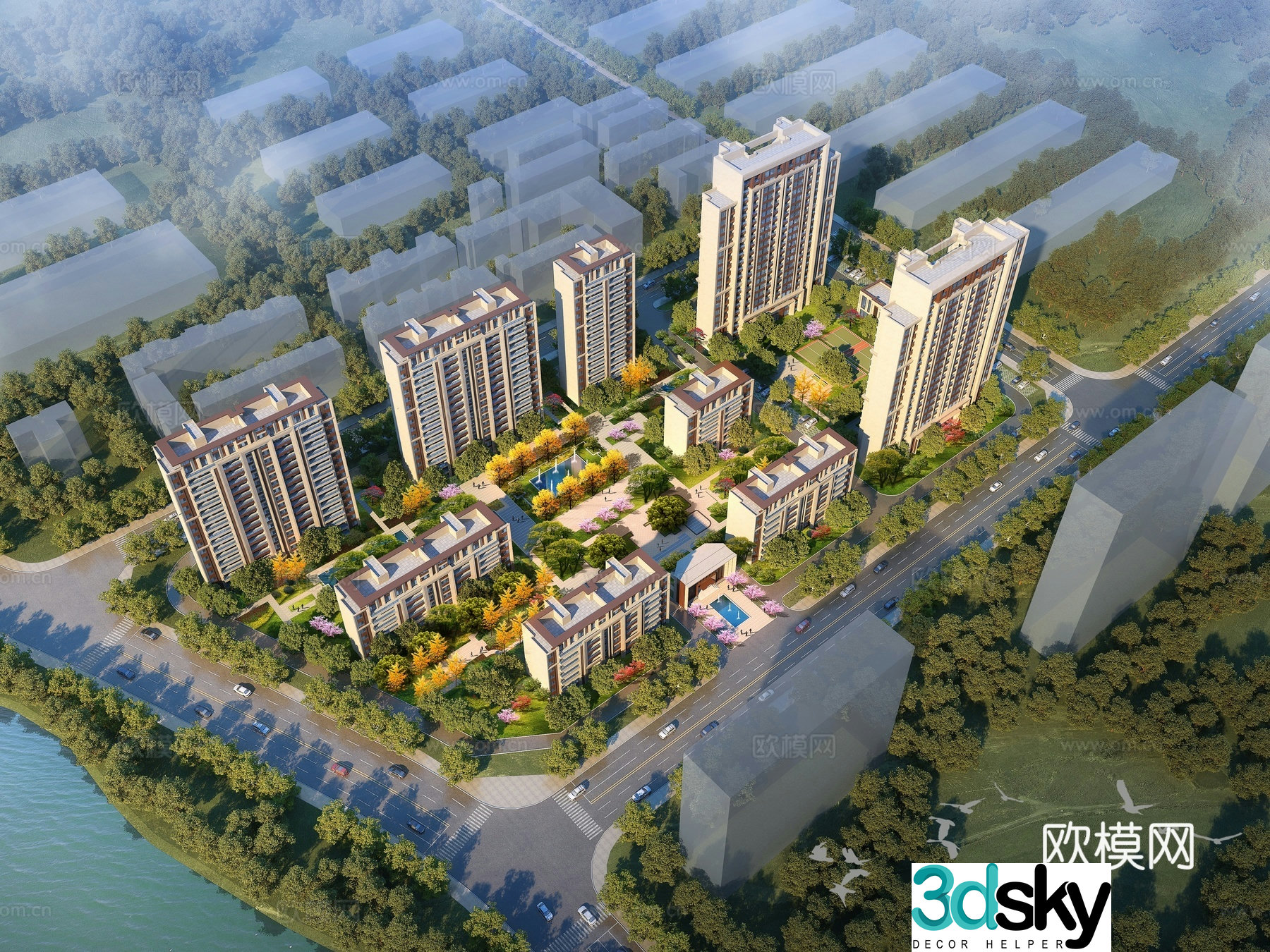 Residential area aerial view 3d model