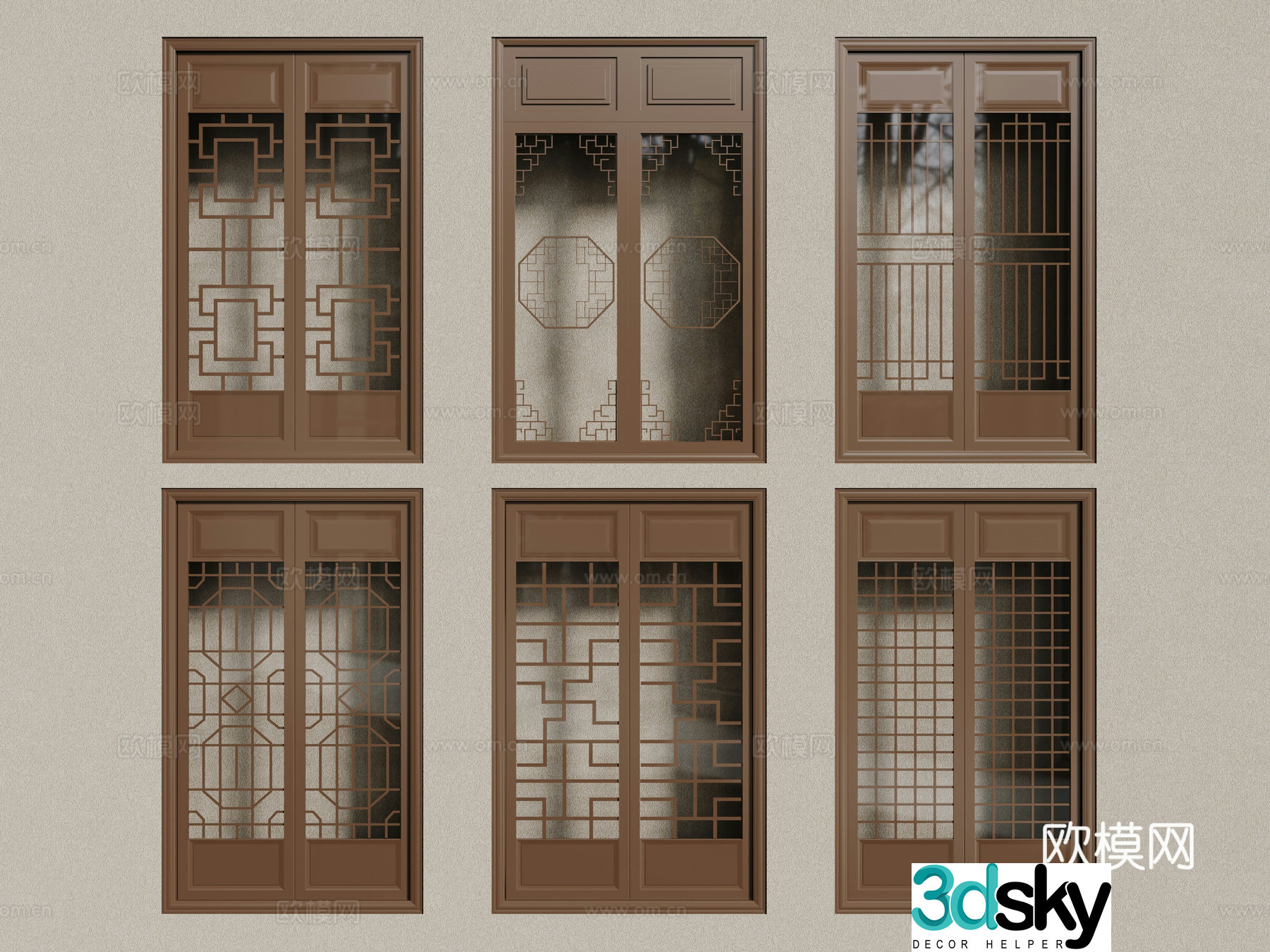 New Chinese style sliding door grille door wooden door 3d model